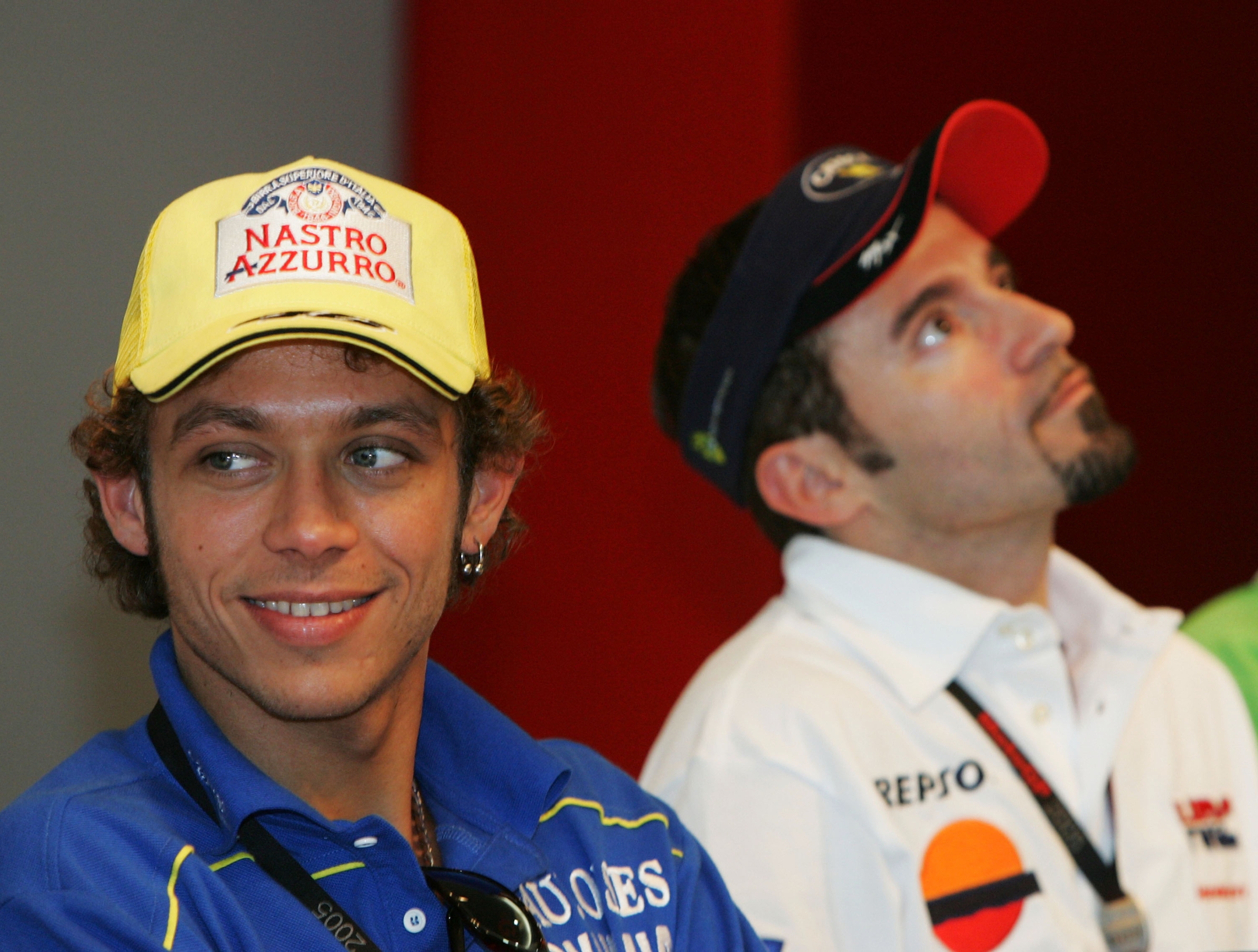 SHANGHAI, CHINA - APRIL 28: (CHINA OUT) Valentino Rossi of Italy and with Gauloises Yamaha (L) and Max Biaggi of Italy and with Repsol Honda (R) attend a news conference for the 2005 Moto Grand Prix World Championship April 28, 2005 in Shanghai, China. MotoGP, one of the top racing events in the world, will make its debut in China on April 29 in Shanghai. (Photo by China Photos/Getty Images)