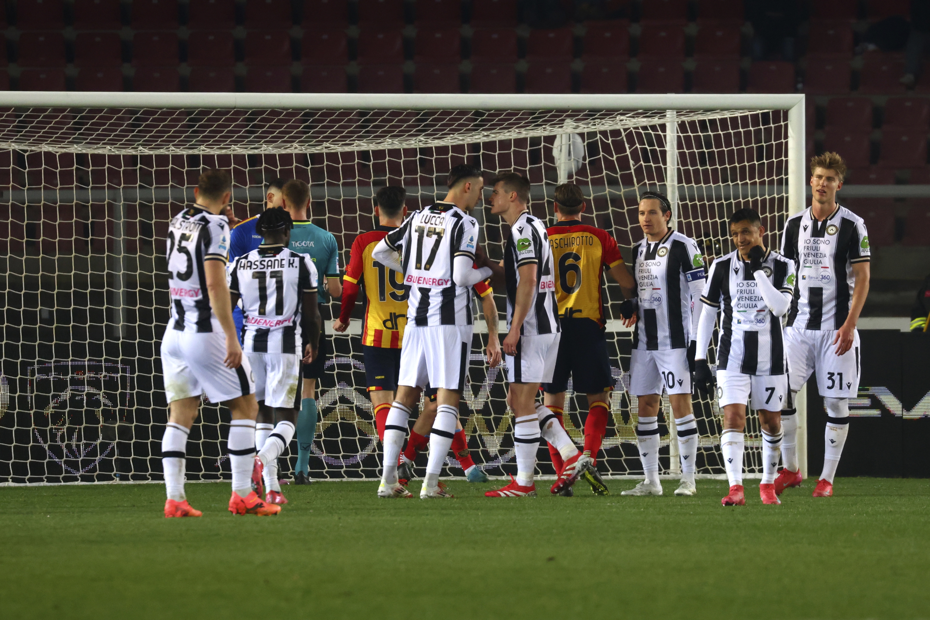 LECCE, ITALY - FEBRUARY 21: Lorenzo Lucca (L) and Jaka Bijol (R) of Udinese during the Serie A match between Lecce and Udinese at Stadio Via del Mare on February 21, 2025 in Lecce, Italy. (Photo by Maurizio Lagana/Getty Images)