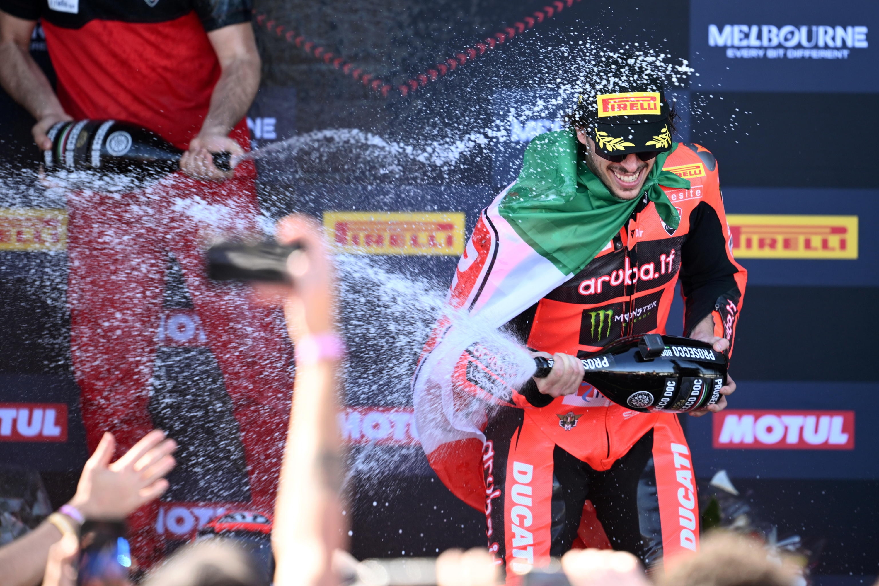 epaselect epa11917559 Italian rider Nicolo Bulega of Aruba.it Racing Ducati team celebrates winning WorldSBK Race 2 during the 2025 FIM Superbike World Championship at Phillip Island Grand Prix Circuit on Phillip Island, Victoria, Australia, 23 February 2025.  EPA/JOEL CARRETT AUSTRALIA AND NEW ZEALAND OUT