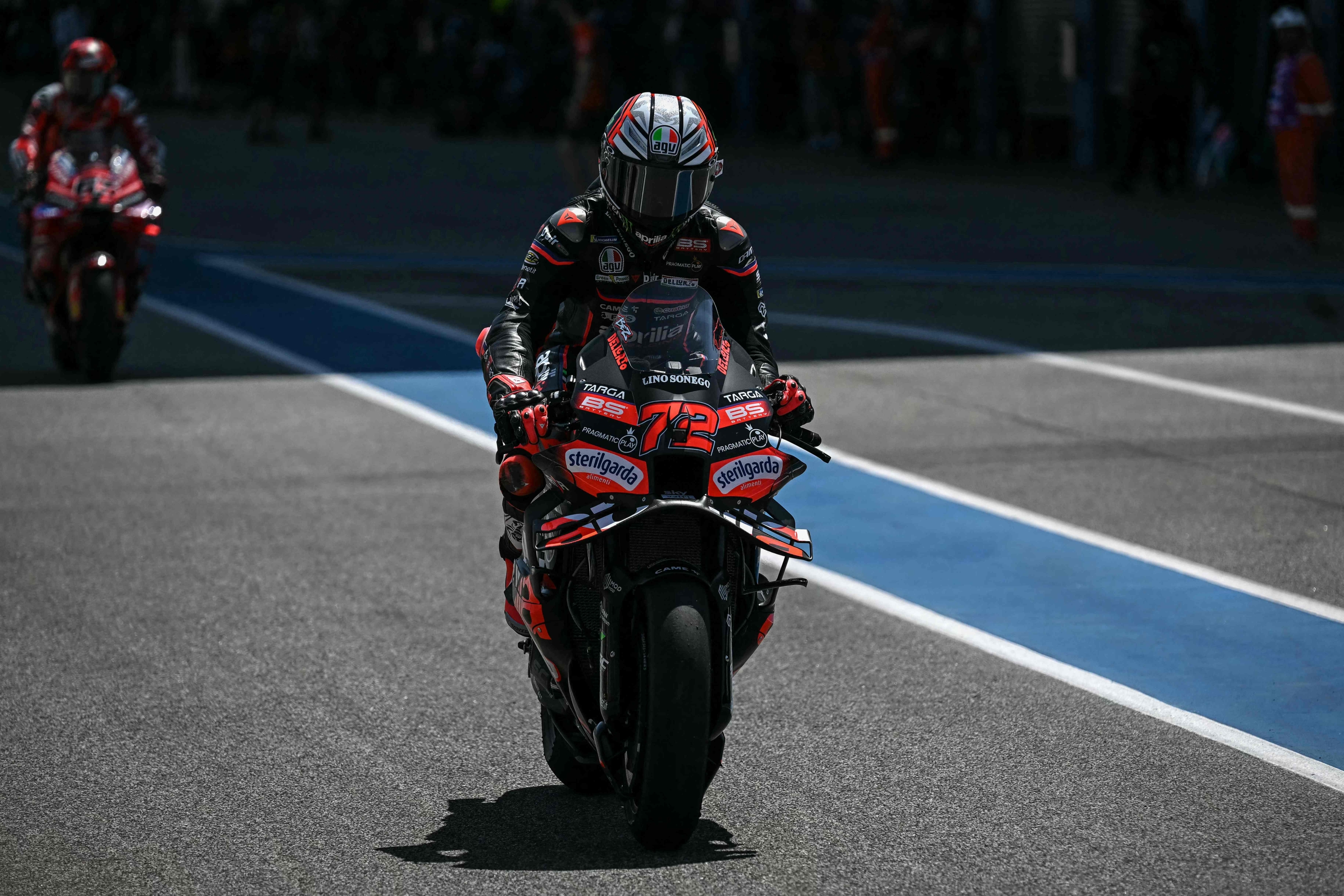 Aprilia Racing's Italian rider Marco Bezzecchi rides during the free practice 1 session of the MotoGP Thailand Grand Prix at the Buriram International Circuit in Buriram on February 28, 2025. (Photo by Lillian SUWANRUMPHA / AFP)