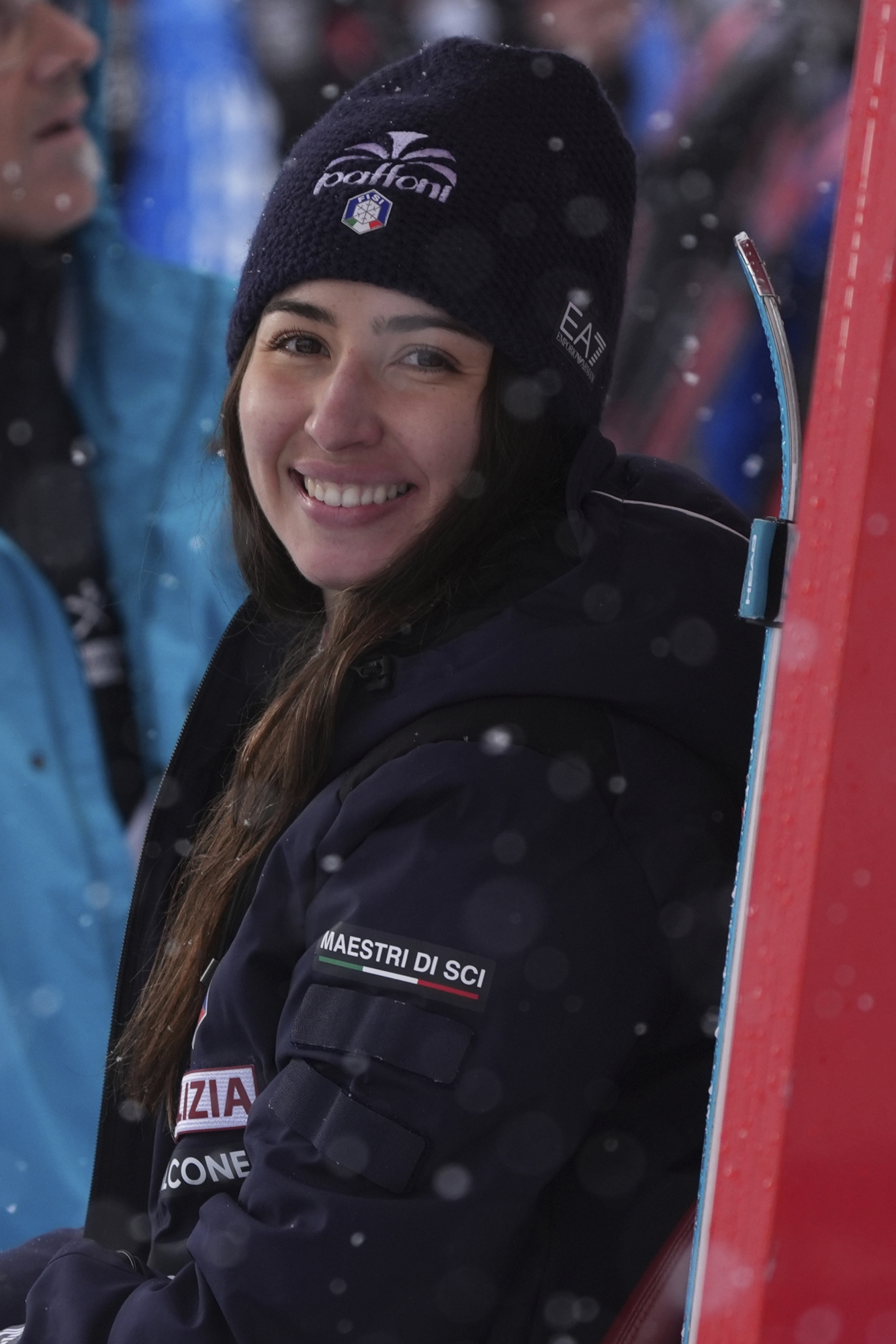 Italy's Marta Rossetti reacts after completing an alpine ski, women's World Cup slalom in Are, Sweden, Sunday, March 9, 2025. (AP Photo/Giovanni Auletta)