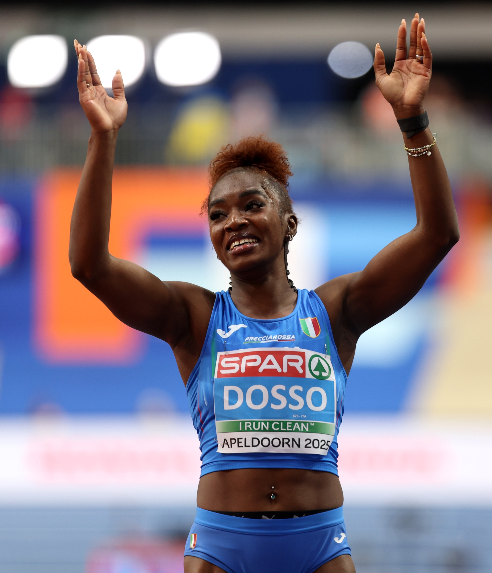 APELDOORN, NETHERLANDS - MARCH 09: Gold medallist, Zaynab Dosso of Italy, reacts after victory in the Women's 60m Final during the European Athletics Indoor Championships at Omnisport Apeldoorn on March 09, 2025 in Apeldoorn, Netherlands.  (Photo by Dean Mouhtaropoulos/Getty Images)