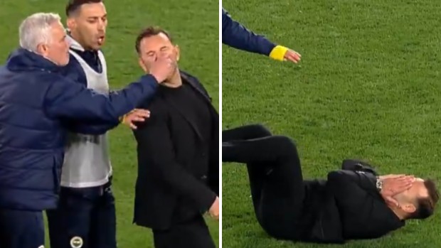 José Mourinho grabbing Okan Buruk`s nose during a match.