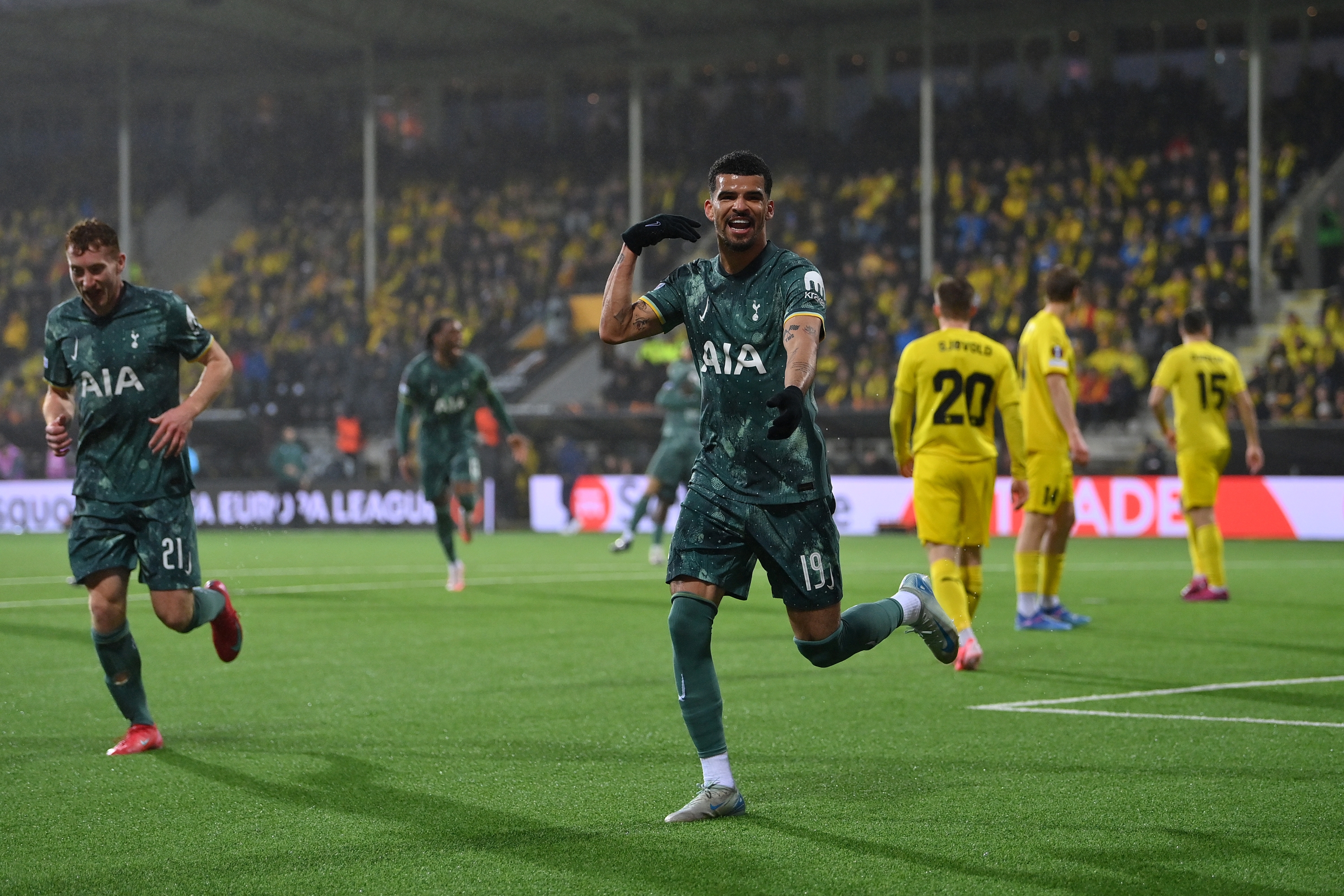 Dominic Solanke of Tottenham Hotspur celebrates scoring his team's first goal during the UEFA Europa League 2024/25 Semi Final Second Leg match between FK Bodo/Glimt and Tottenham Hotspur at Aspmyra Stadion on May 08, 2025 in Bodo, Norway. (Photo by Justin Setterfield/Getty Images)