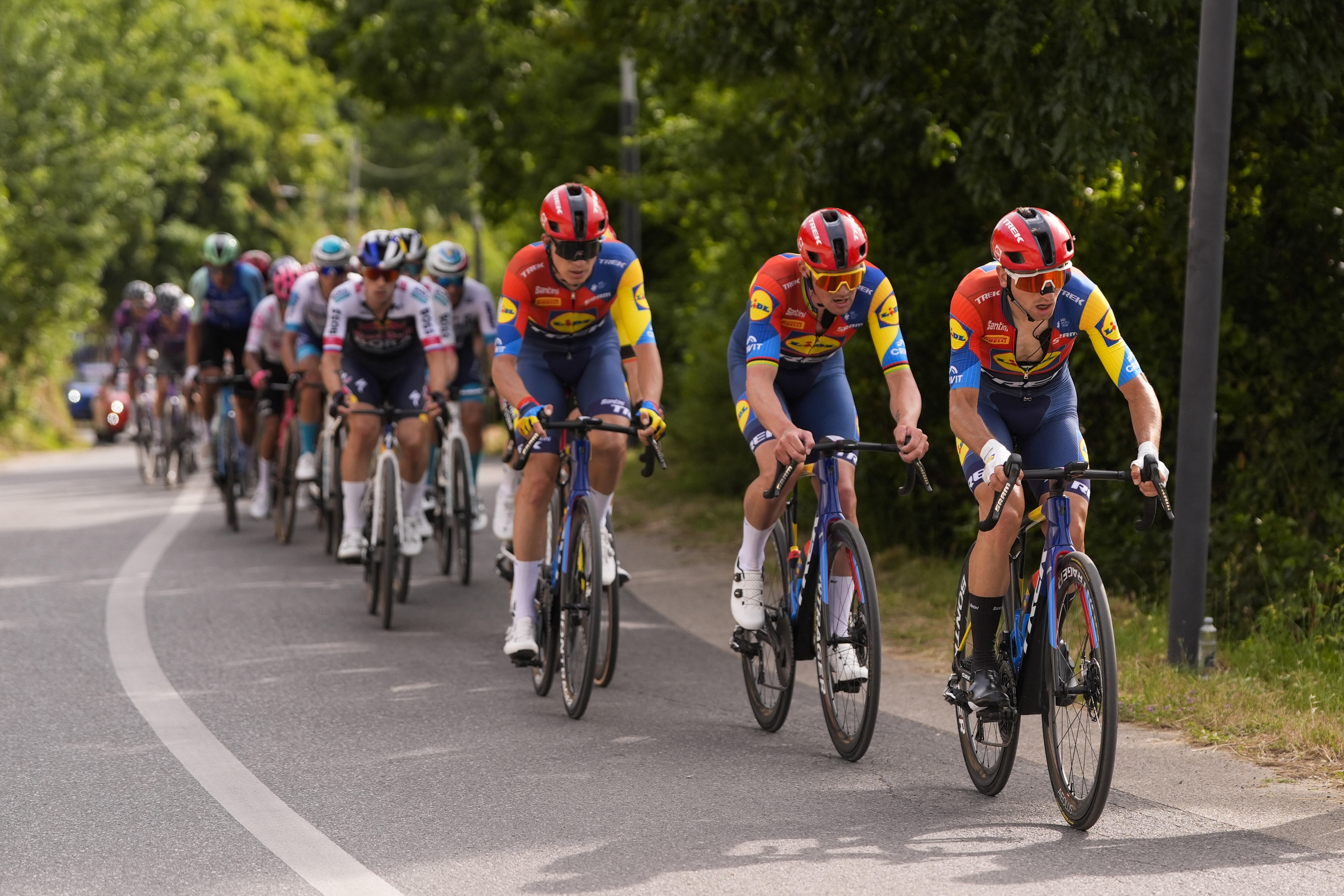 Pedersen Mads of Lidl-Trek celebrate the victory with Kragh Andersen Søren of Lidl-Trek after the stage 1 of the Giro d’Italia from Durazzo (Durres) to Tirana (Tirane), Albania- Friday, May 9, 2025. Sport - cycling. (Photo by Fabio Ferrari/LaPresse)