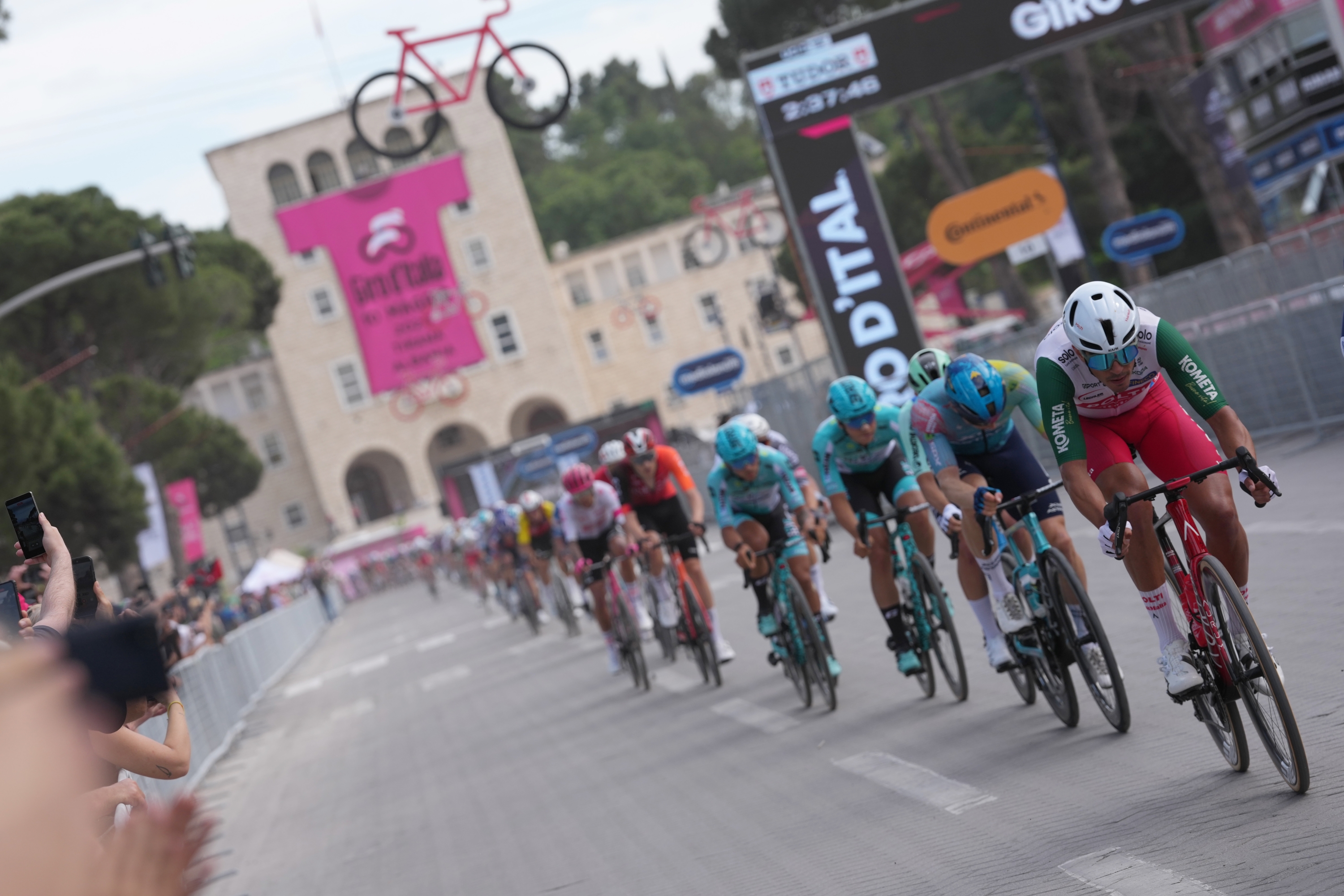The pack rides during the stage 1 of the Giro d’Italia from Durazzo (Durres) to Tirana (Tirane), Albania- Friday, May 9, 2025. Sport - cycling. (Photo by Fabio Ferrari/LaPresse)