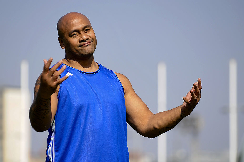 Former All Black international rugby player Jonah Lomu reacts during a Rugby clinic as part of the Global Sports Forum day 1 on March 10, 2011 in Barcelona, Spain. (Photo by David Ramos/Getty Images)