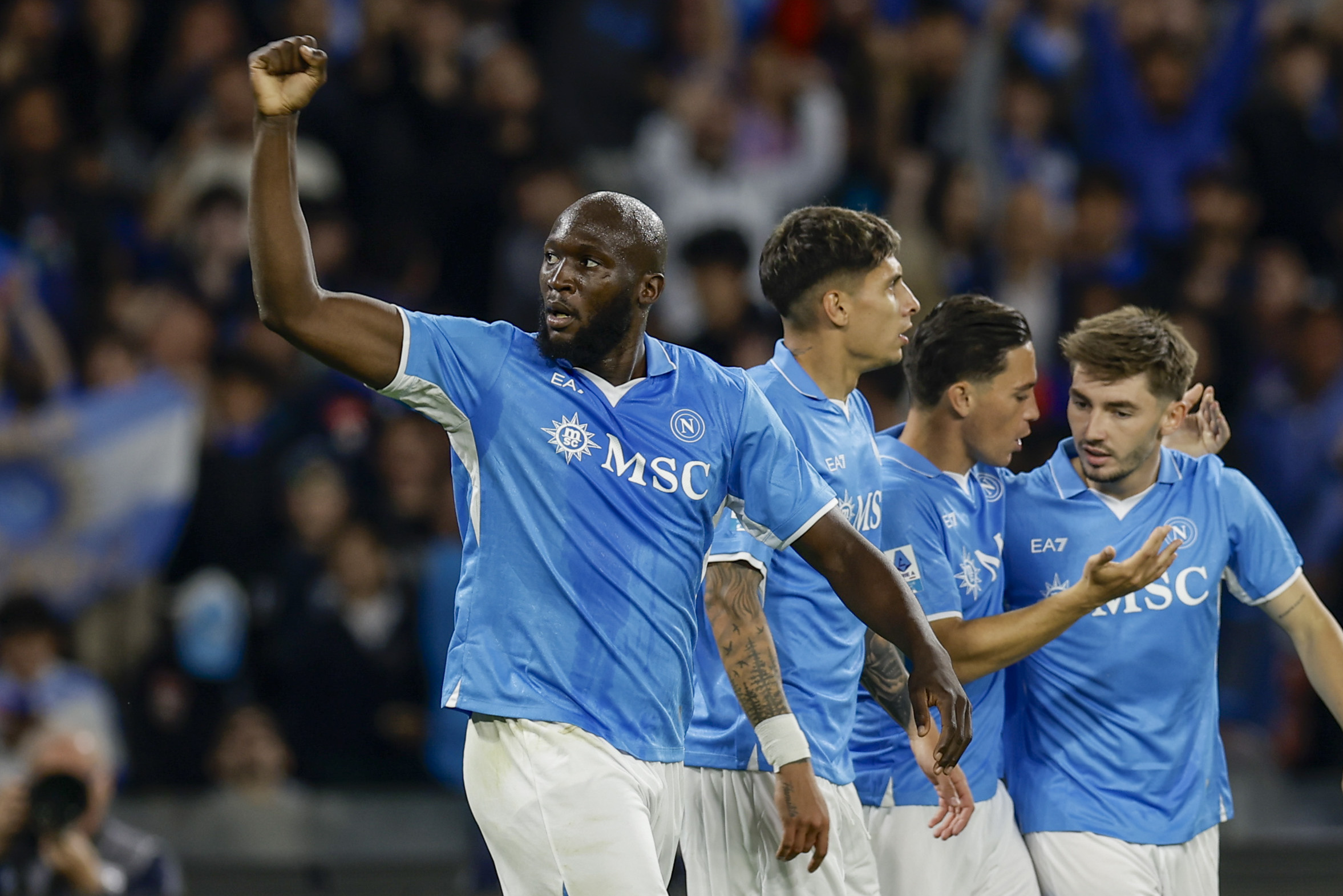 Romelu Lukaku of SSC Napoli celebrates after scoring a goal during the Serie A soccer match between Napoli and Genoa at the Diego Armando Maradona Stadium in Naples, southern italy -Sunday , May 11 , 2025. Sport - Soccer . (Photo by Alessandro Garofalo/LaPresse)