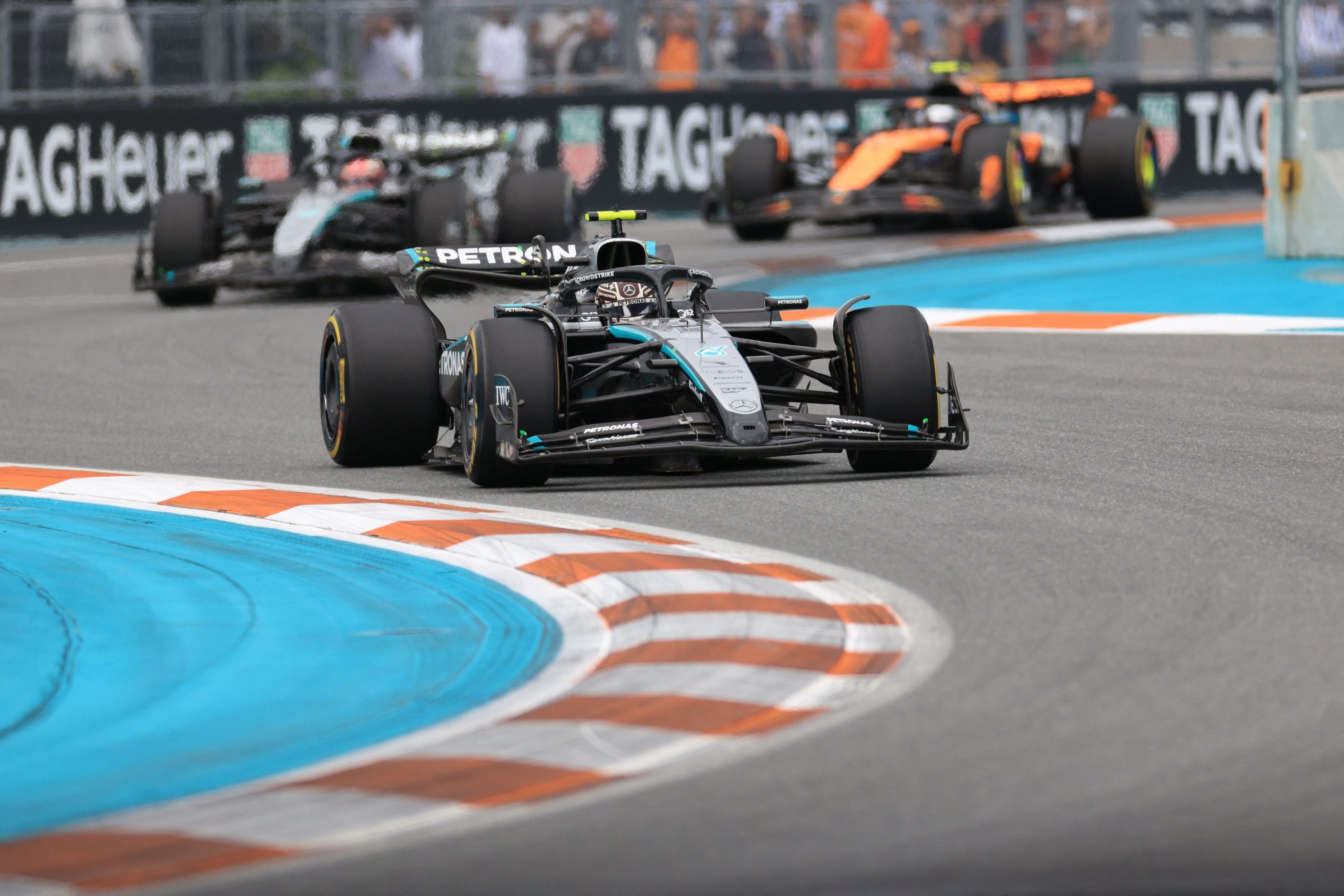 Mercedes' Italian driver Andrea Kimi Antonelli races during the 2025 Miami Formula One Grand Prix at Miami International Autodrome in Miami Gardens, Florida, on May 4, 2025. (Photo by CHARLY TRIBALLEAU / AFP)
