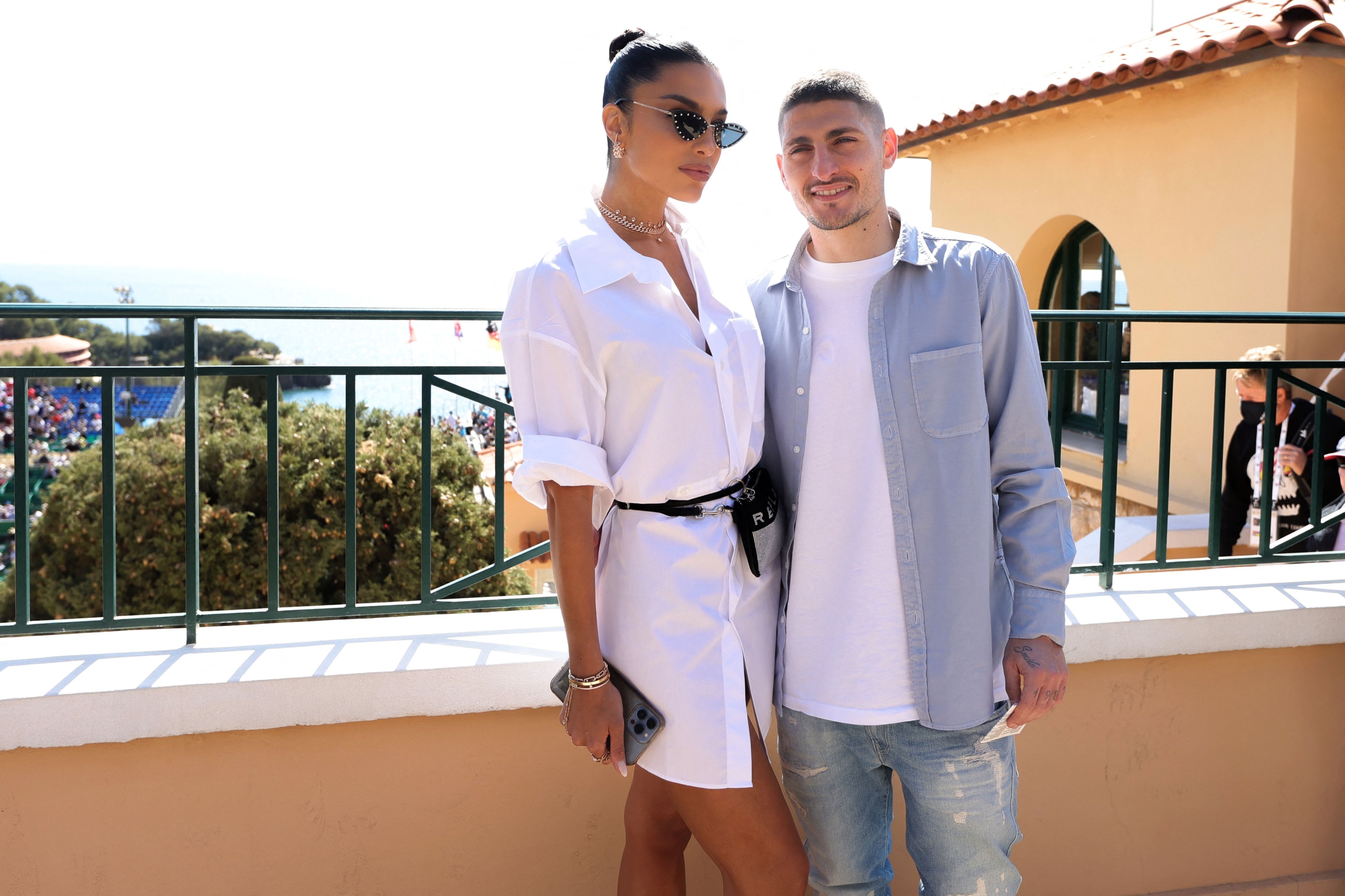 Italian footballer Marco Verratti and his wife Jessica Aidi Verratti at the Monte-Carlo ATP Masters Series tournament in Monaco.