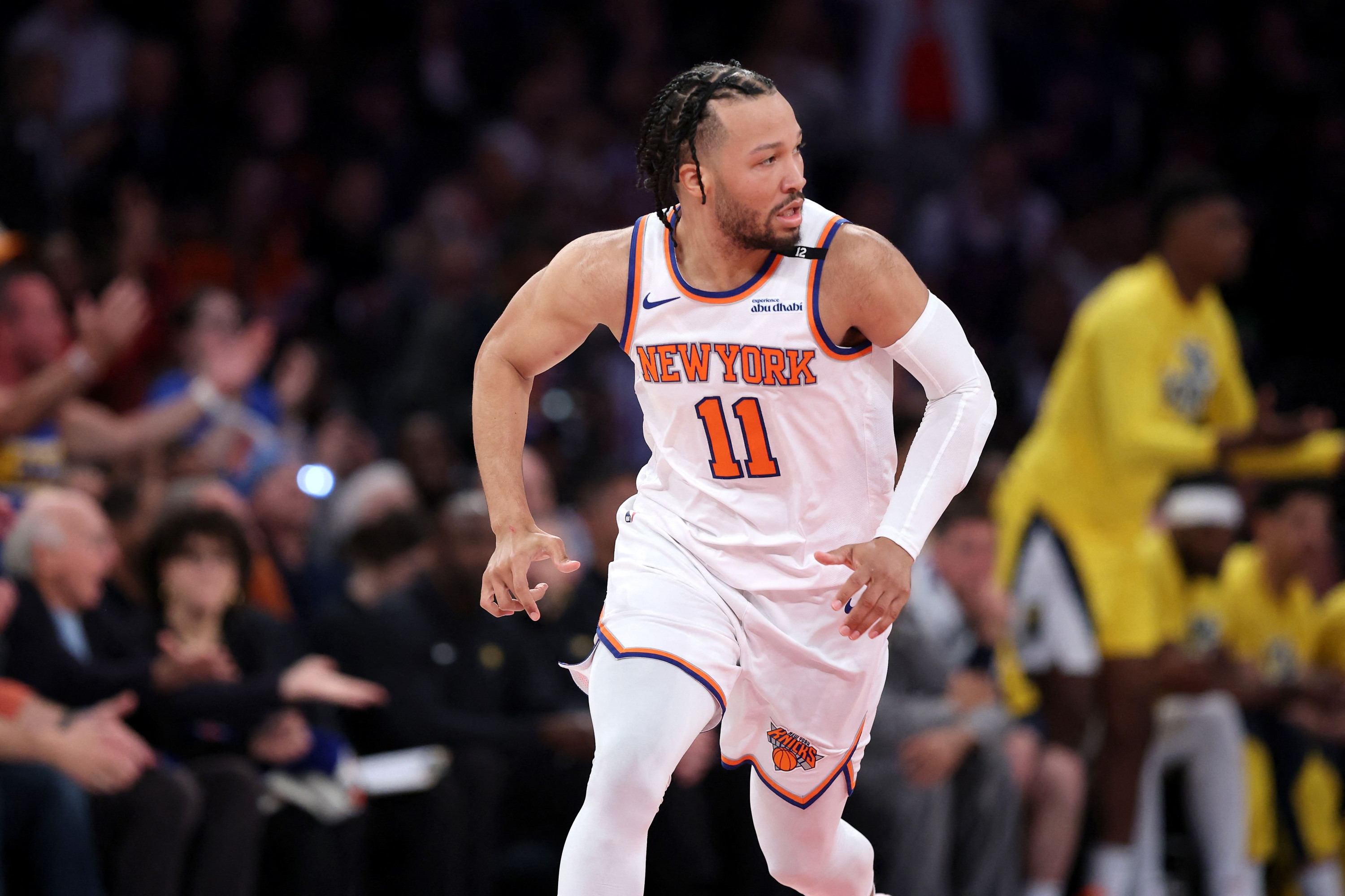 Jalen Brunson #11 of the New York Knicks reacts during the second quarter against the Indiana Pacers in Game One of the Eastern Conference Finals of the 2025 NBA Playoffs at Madison Square Garden on May 21, 2025 in New York City. NOTE TO USER: User expressly acknowledges and agrees that, by downloading and or using this photograph, User is consenting to the terms and conditions of the Getty Images License Agreement. Sarah Stier/Getty Images/AFP (Photo by Sarah Stier / GETTY IMAGES NORTH AMERICA / Getty Images via AFP)
