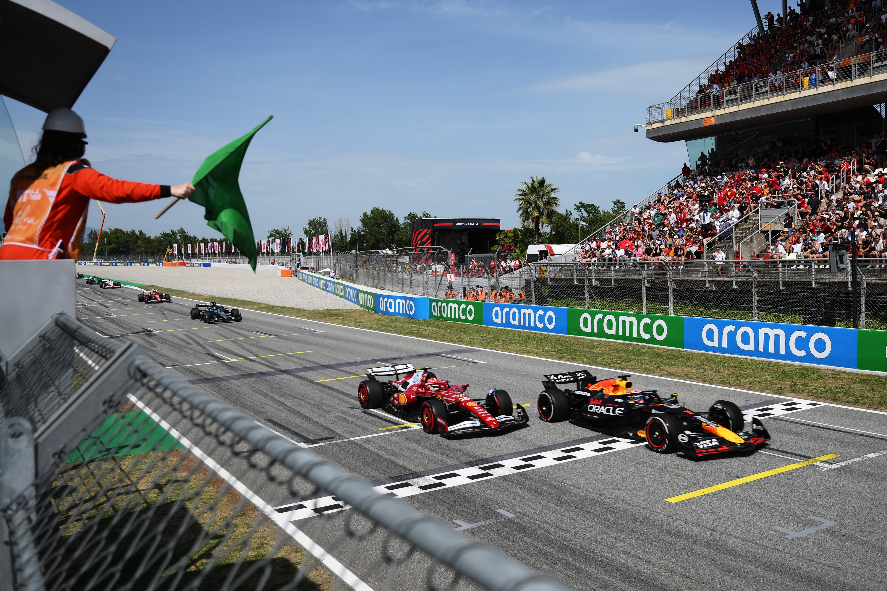  Charles Leclerc of Monaco driving the (16) Scuderia Ferrari SF-25 and Max Verstappen of the Netherlands driving the (1) Oracle Red Bull Racing RB21 battle for track position during the F1 Grand Prix of Spain at Circuit de Barcelona-Catalunya on June 01, 2025 in Barcelona, Spain. (Photo by David Ramos/Getty Images)