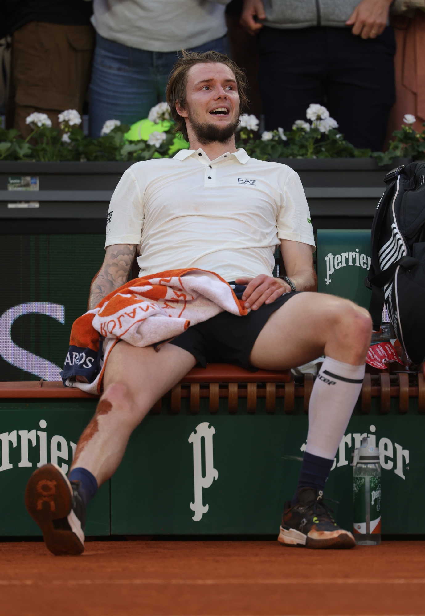 Alexander Bublik of Kazakhstan reacts whilst sat on a bench following victory against Jack Draper of Great Britain during the Men's Singles Fourth Round match on Day Nine of the 2025 French Open at Roland Garros on June 02, 2025 in Paris, France. (Photo by Julian Finney/Getty Images)