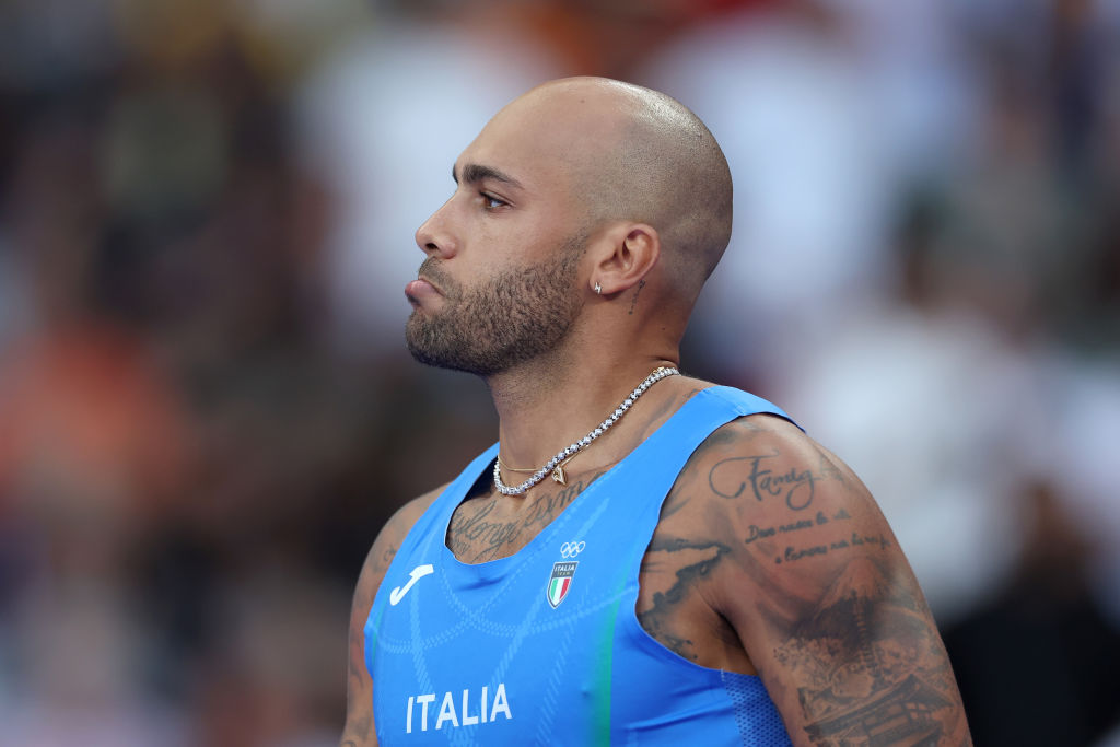 Lamont Marcell Jacobs of Team Italy looks on during the Men's 100m Semi-Final on day nine of the Olympic Games Paris 2024 at Stade de France on August 04, 2024 in Paris, France. (Photo by Christian Petersen/Getty Images)