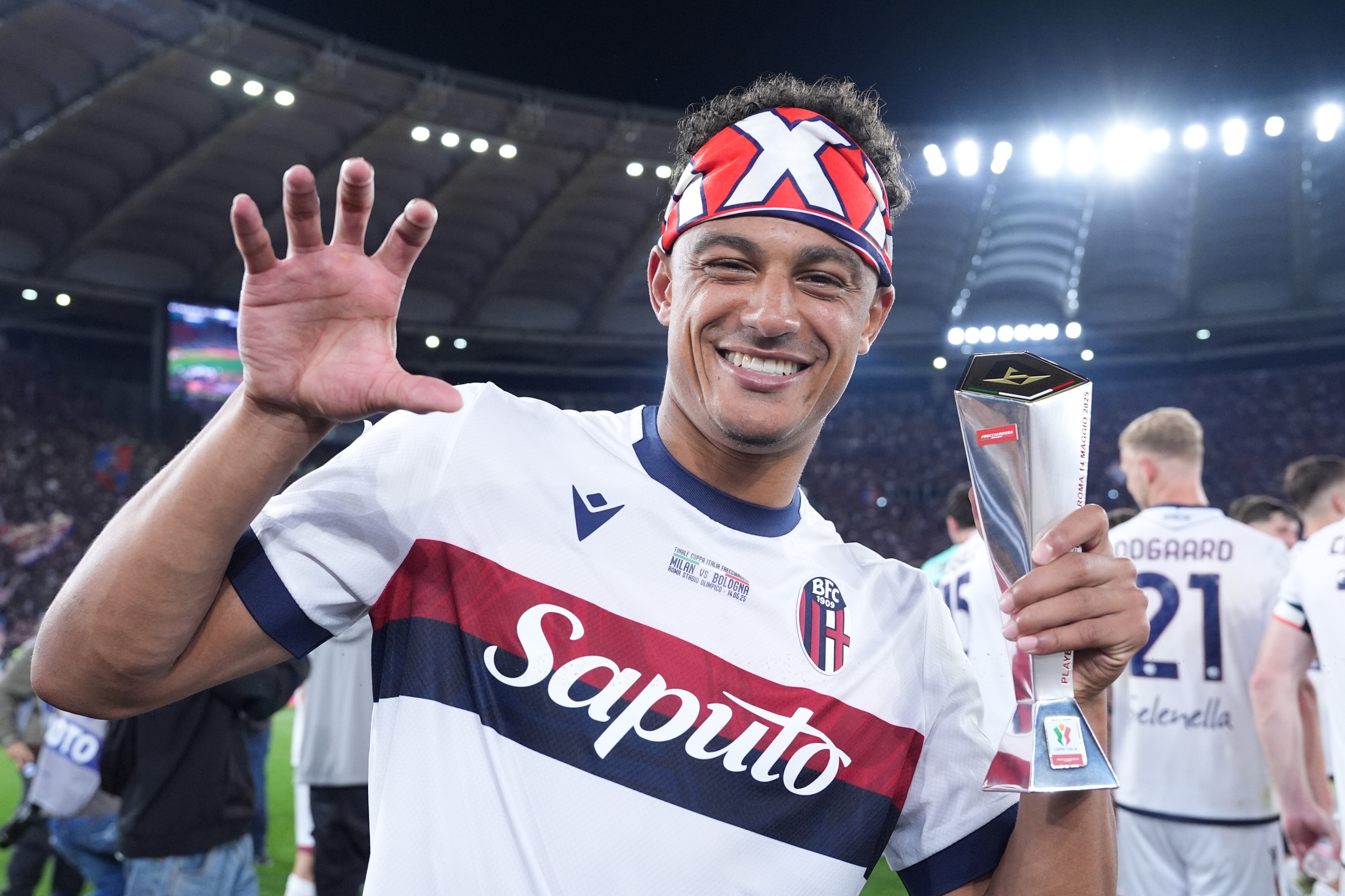 Bologna's Dan Ndoye Player of the match during the Italian Cup final soccer match between Milan and Bologna at Rome's Olympic Stadium, Italy. Wednesday, May 14, 2025. Sport Soccer (photo by Alfredo Falcone/LaPresse)