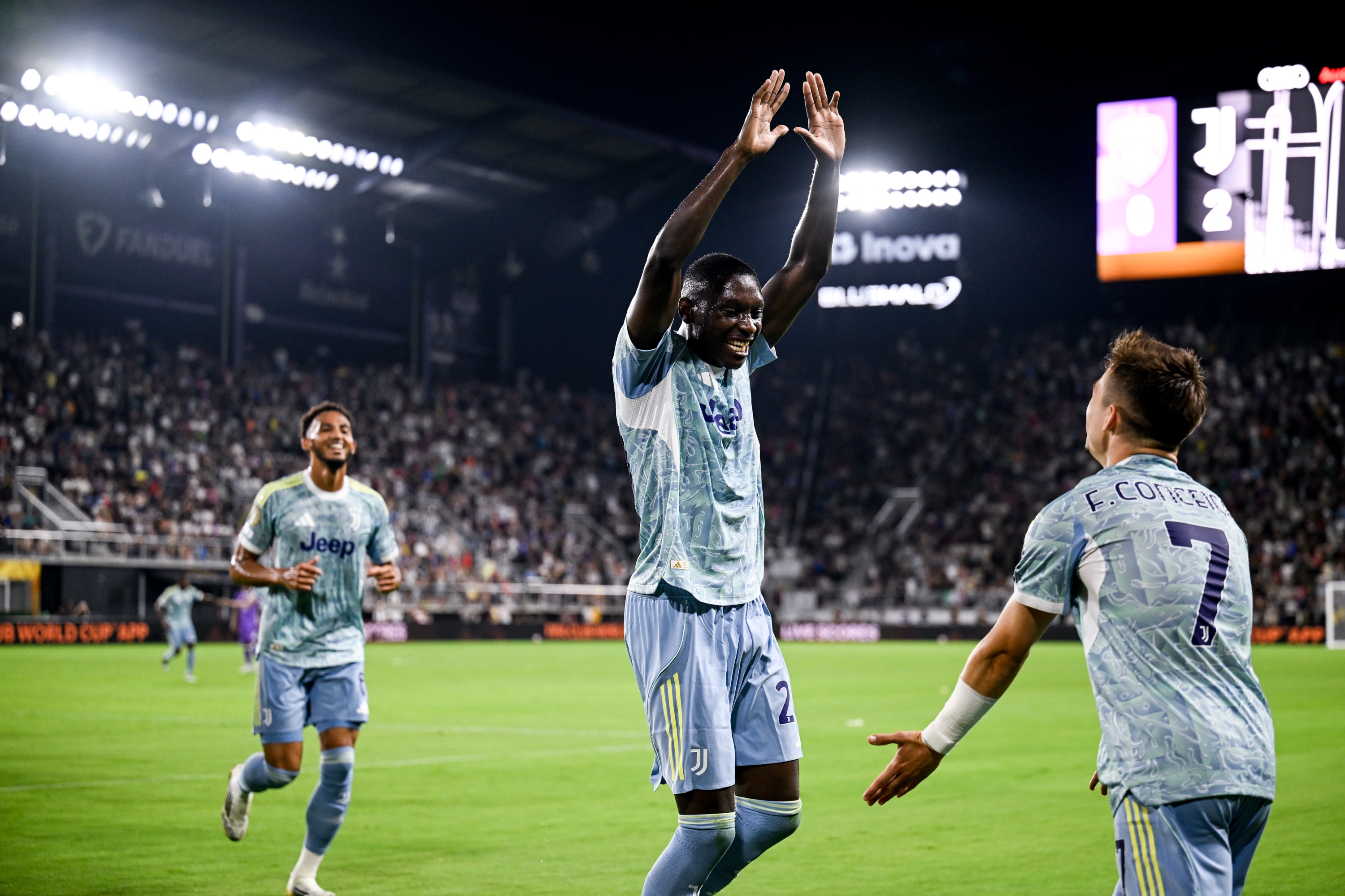 WASHINGTON, DC - JUNE 18: Francisco Conceicao of Juventus celebrates 0-2 goal with Randal Kolo Muani during the FIFA Club World Cup 2025 group G match between Al Ain FC and Juventus FC at Audi Field on June 18, 2025 in Washington, United States. (Photo by Daniele Badolato - Juventus FC/Juventus FC via Getty Images)