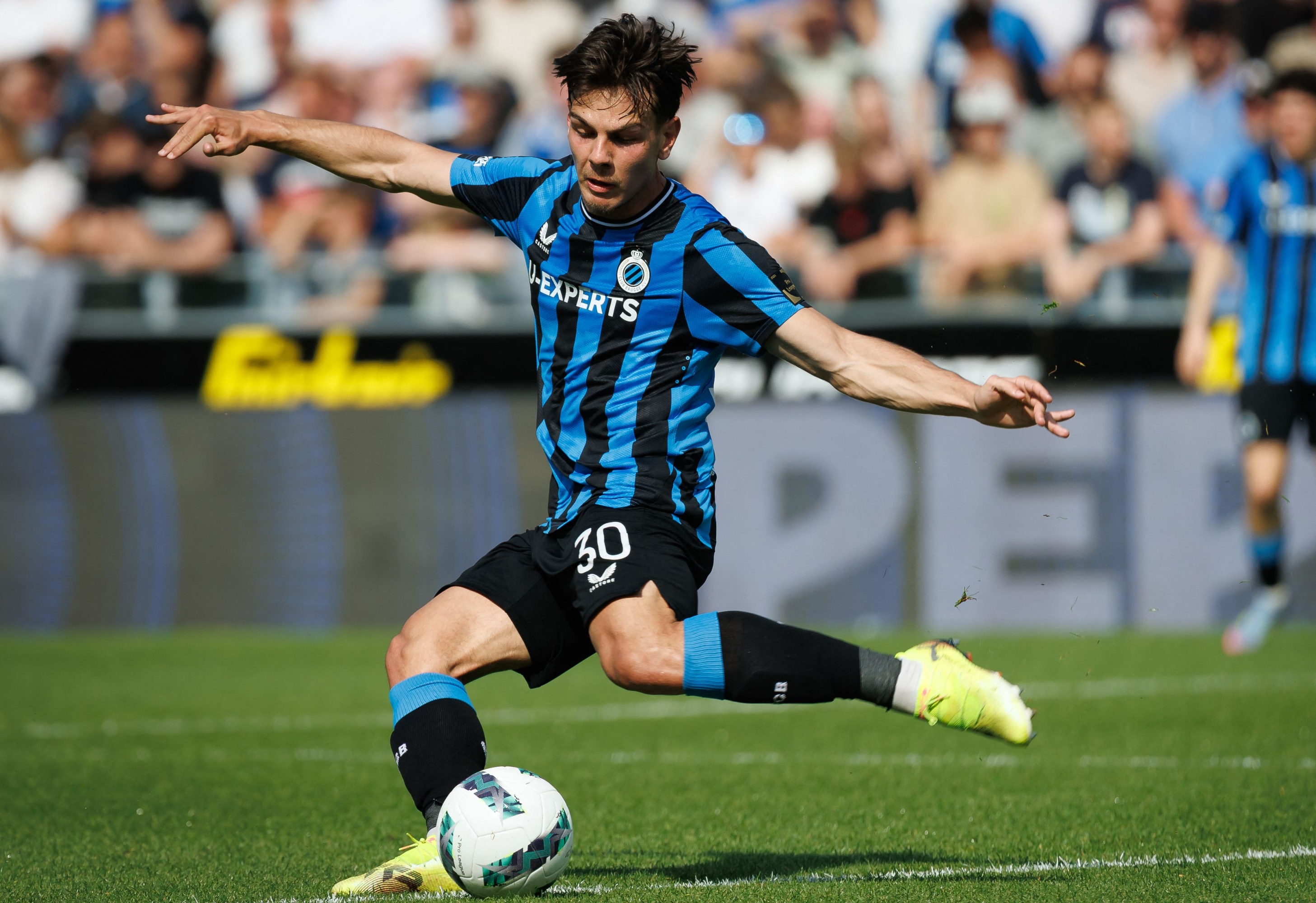 Club's Ardon Club's Swiss midfielder #30 Ardon Jashari in action during the Belgian Pro League Champions' Play-off match between between Club Brugge and KAA Gent at the Jan Breydel Stadium in Brugge on May 1, 2025. (Photo by KURT DESPLENTER / Belga / AFP) / Belgium OUT