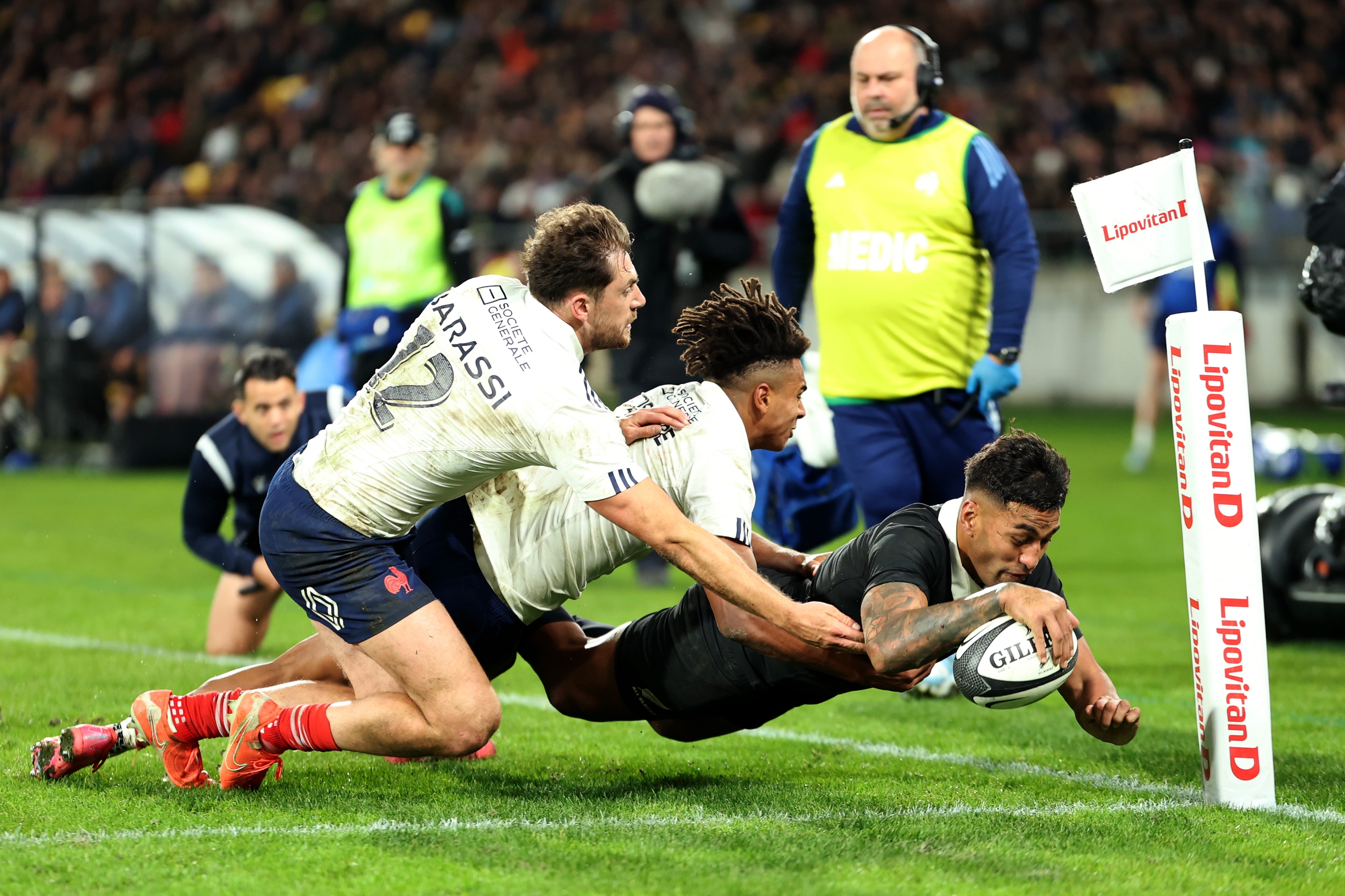  Rieko Ioane of New Zealand scores a try during the International Test Match between New Zealand All Blacks and France at Sky Stadium on July 12, 2025 in Wellington, New Zealand. (Photo by Phil Walter/Getty Images)