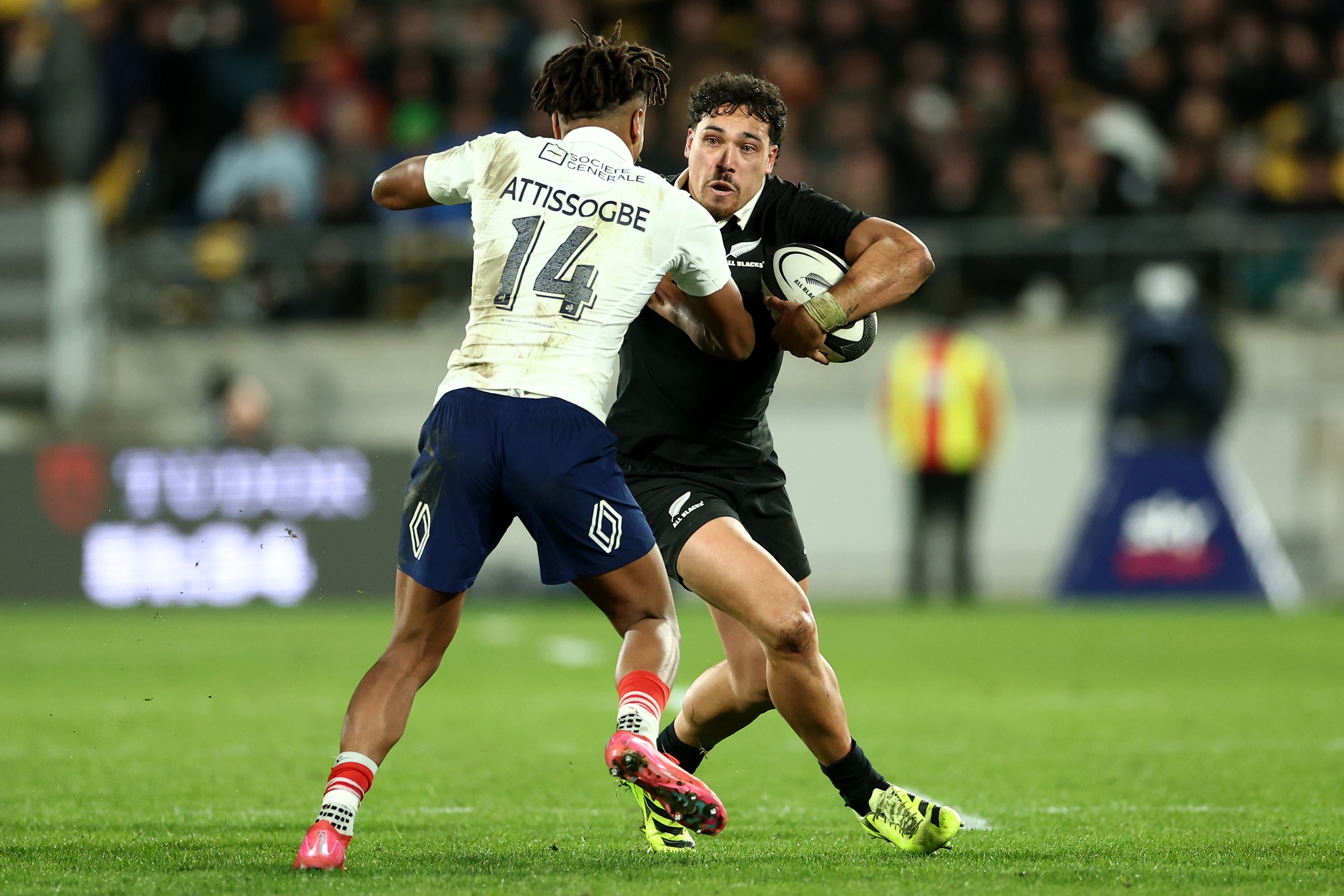  Billy Proctor of New Zealand is tackled by Theo Attissogbe of France during the International Test Match between New Zealand All Blacks and France at Sky Stadium on July 12, 2025 in Wellington, New Zealand. (Photo by Phil Walter/Getty Images)