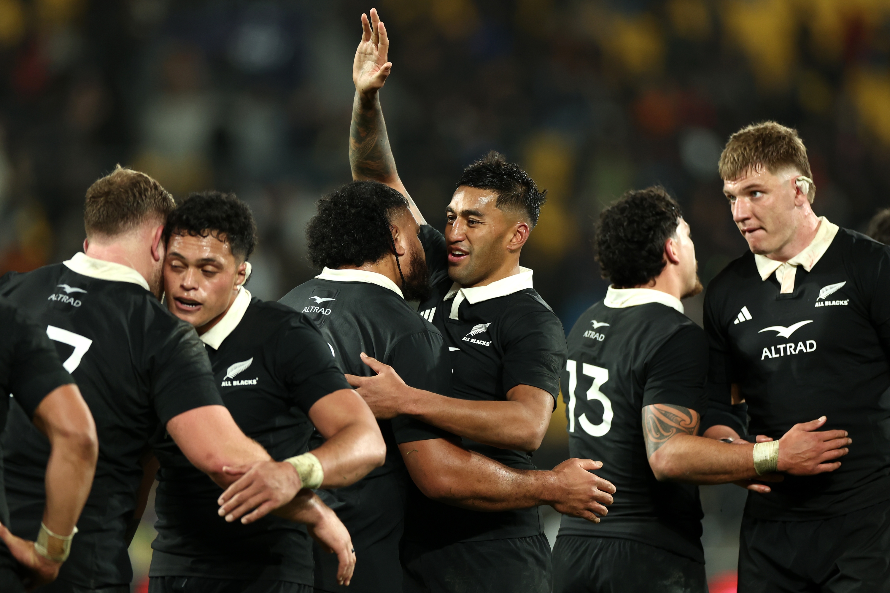  Pasilio Tosi of New Zealand and Rieko Ioane of New Zealand celebrate after winning the International Test Match between New Zealand All Blacks and France at Sky Stadium on July 12, 2025 in Wellington, New Zealand. (Photo by Phil Walter/Getty Images)
