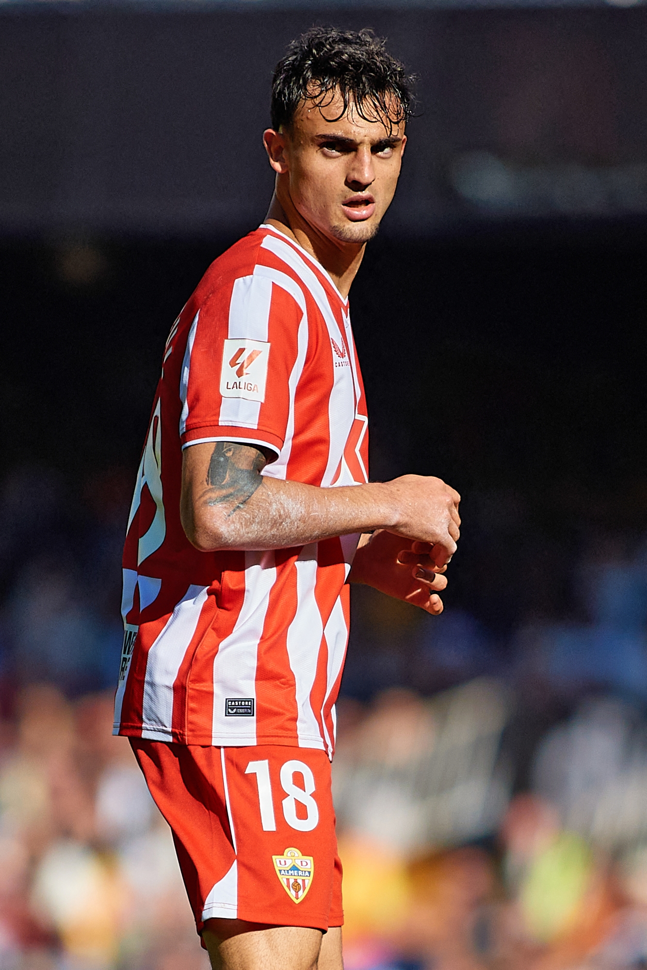 Pubill of UD Almeria is looking on during the LaLiga EA Sports match between Valencia CF and UD Almeria at Mestalla Stadium in Valencia, Spain, on February 3, 2024. (Photo by David Aliaga/NurPhoto) (Photo by David Aliaga, David Aliaga / NurPhoto via AFP)