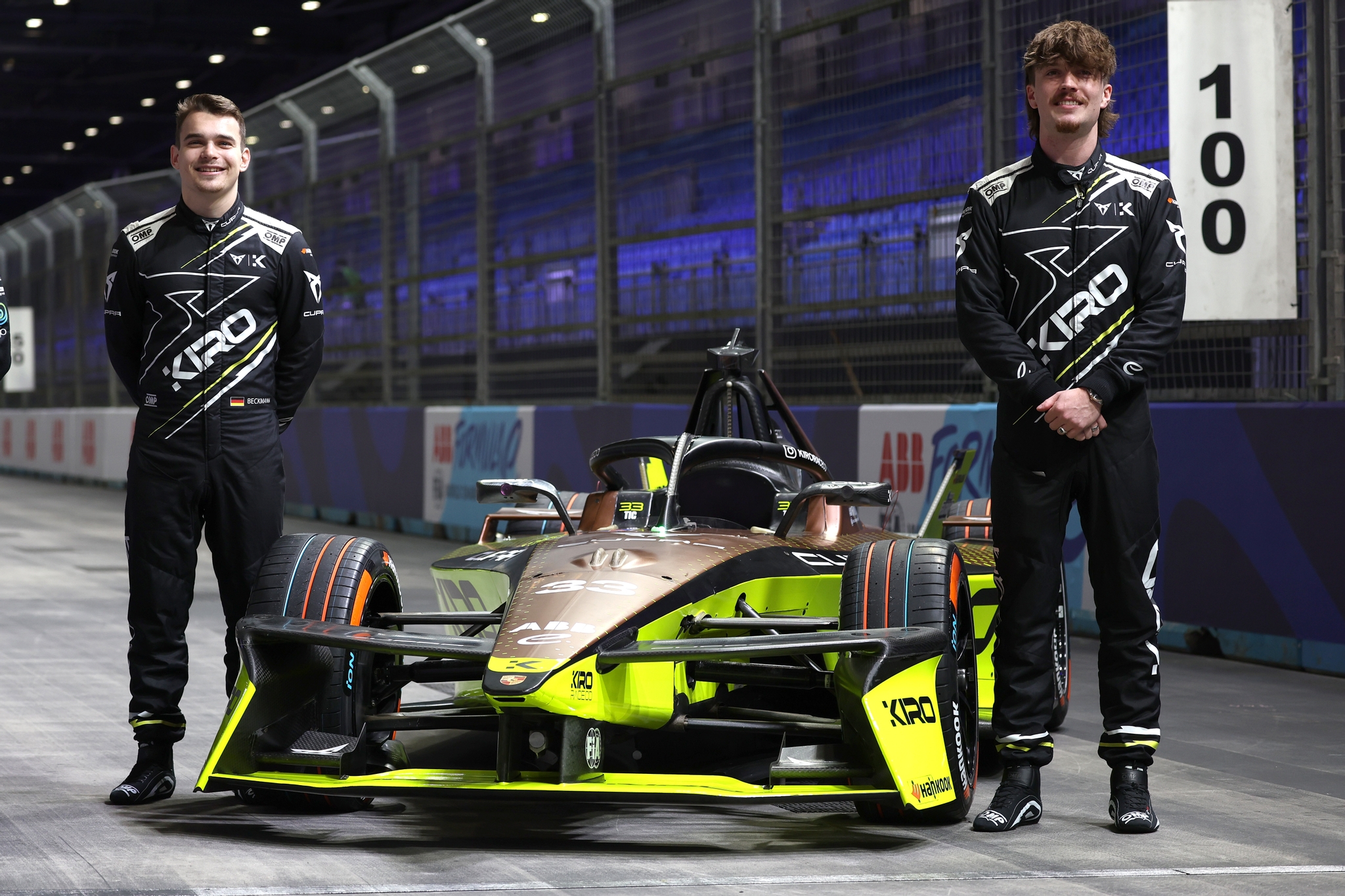 David Beckmann of Germany and CUPRA KIRO and Dan Ticktum of Great Britain and CUPRA KIRO pose with their car during previews ahead of the London E-Prix at ExCel London on July 24, 2025 in London, England. (Photo by Andrew Ferraro/LAT Images)
