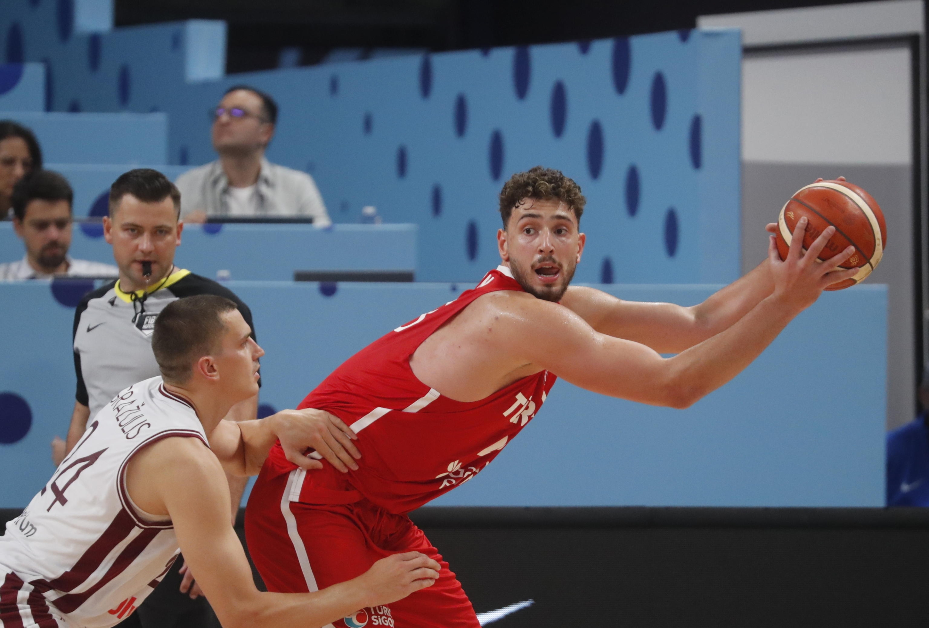 Alperen Sengun of Turkiye in action against Latvia during EuroBasket 2025