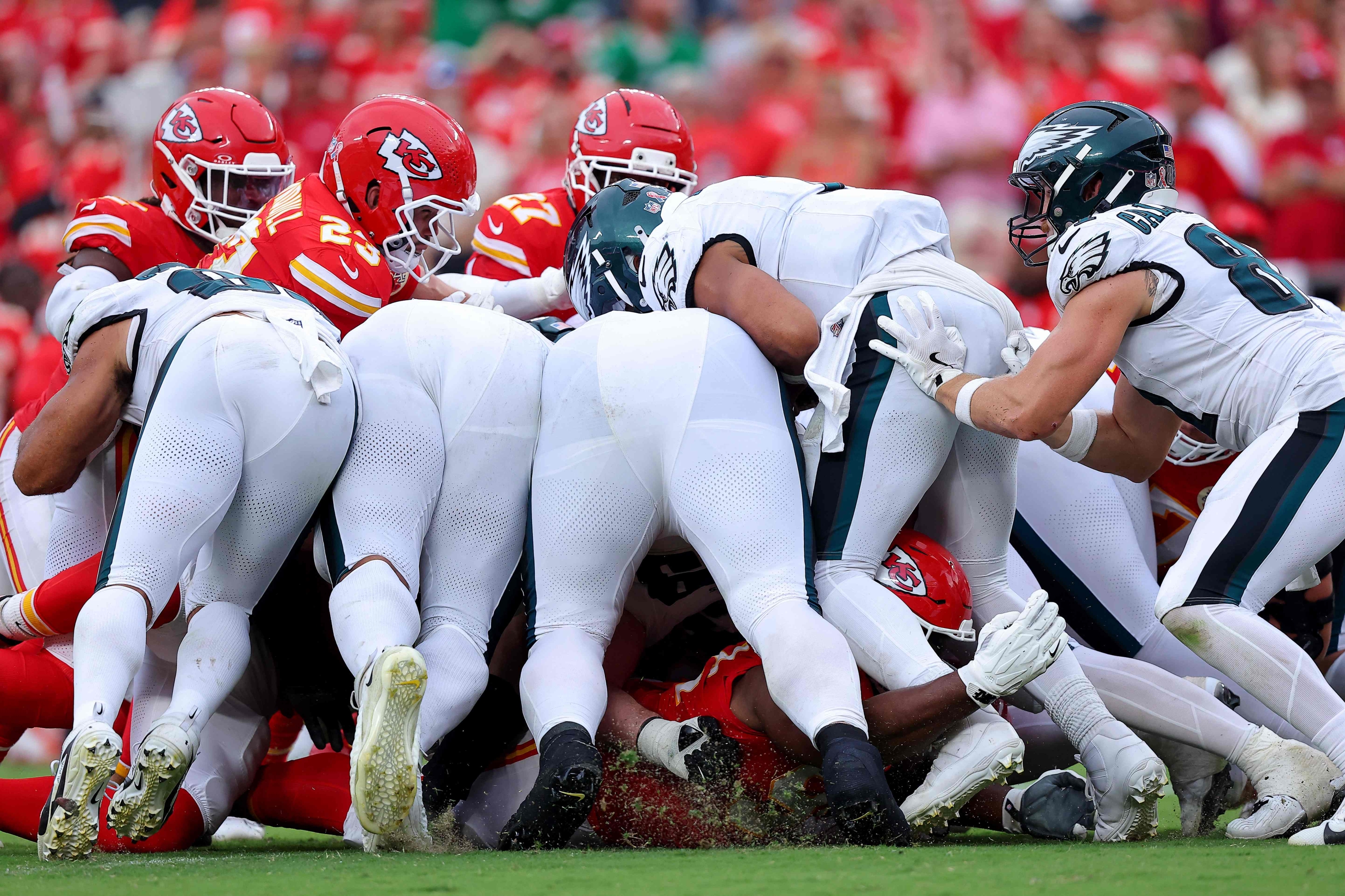 A detailed view of the Philadelphia Eagles playing against the Kansas City Chiefs during the fourth quarter in the game at Arrowhead Stadium on September 14, 2025 in Kansas City, Missouri. David Eulitt/Getty Images/AFP (Photo by David Eulitt / GETTY IMAGES NORTH AMERICA / Getty Images via AFP)