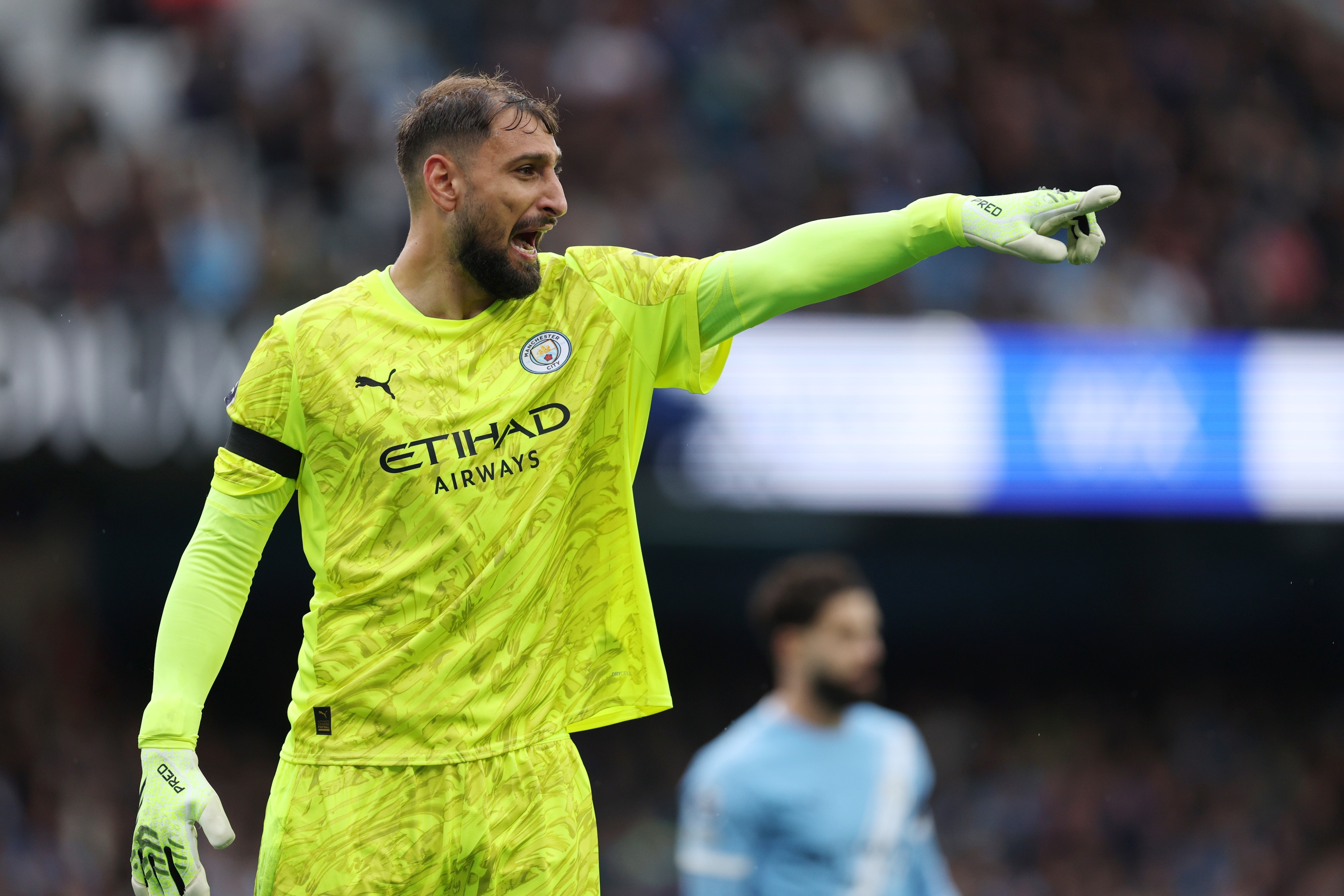 Gianluigi Donnarumma of Manchester City during the Premier League match between Manchester City and Manchester United at Etihad Stadium on September 14, 2025 in Manchester, England. (Photo by Michael Regan/Getty Images)