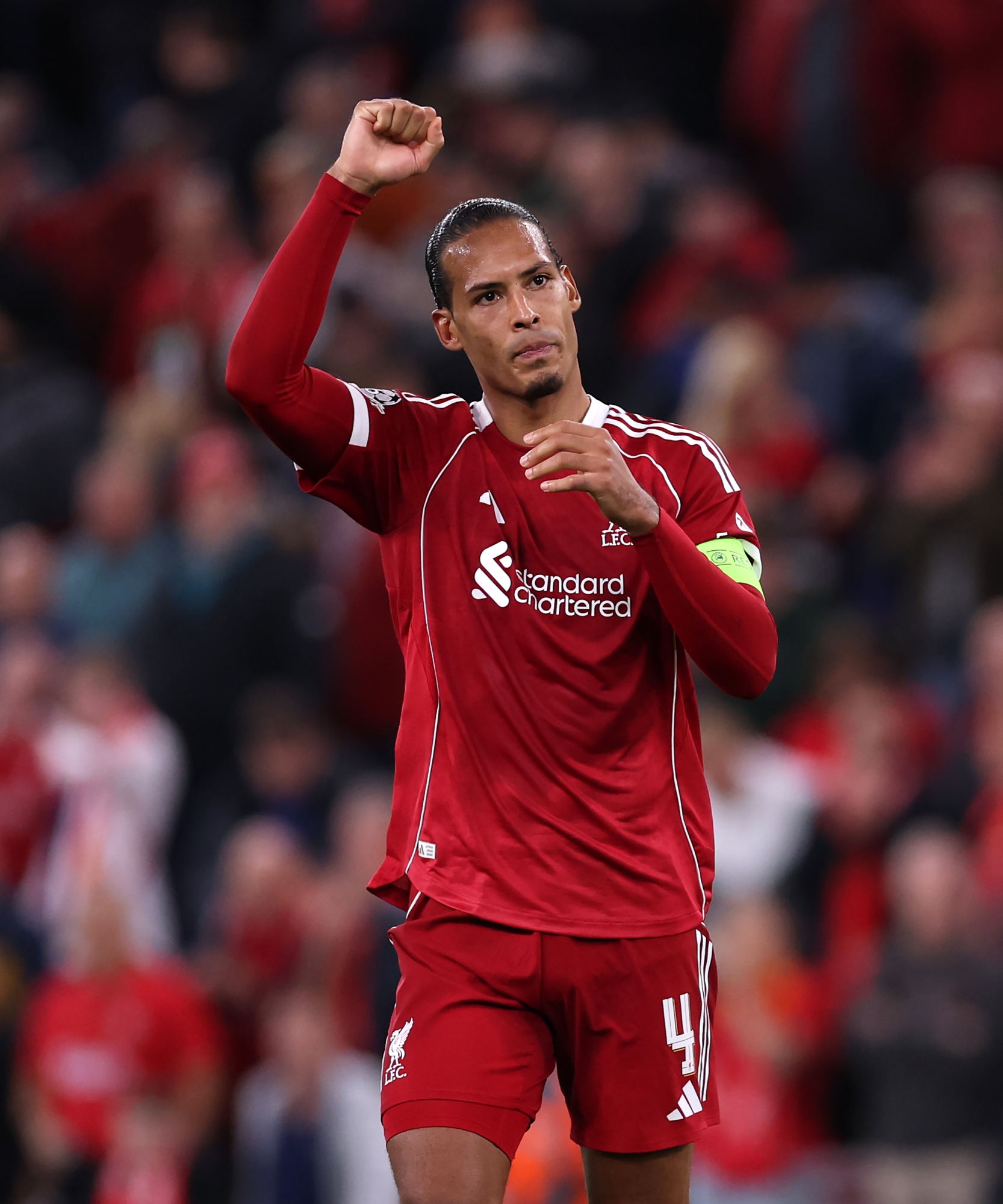 Virgil van Dijk of Liverpool celebrates victory after the UEFA Champions League 2025/26 League Phase MD1 match between Liverpool FC and Atletico de Madrid at Anfield on September 17, 2025 in Liverpool, England. (Photo by Ryan Pierse/Getty Images)