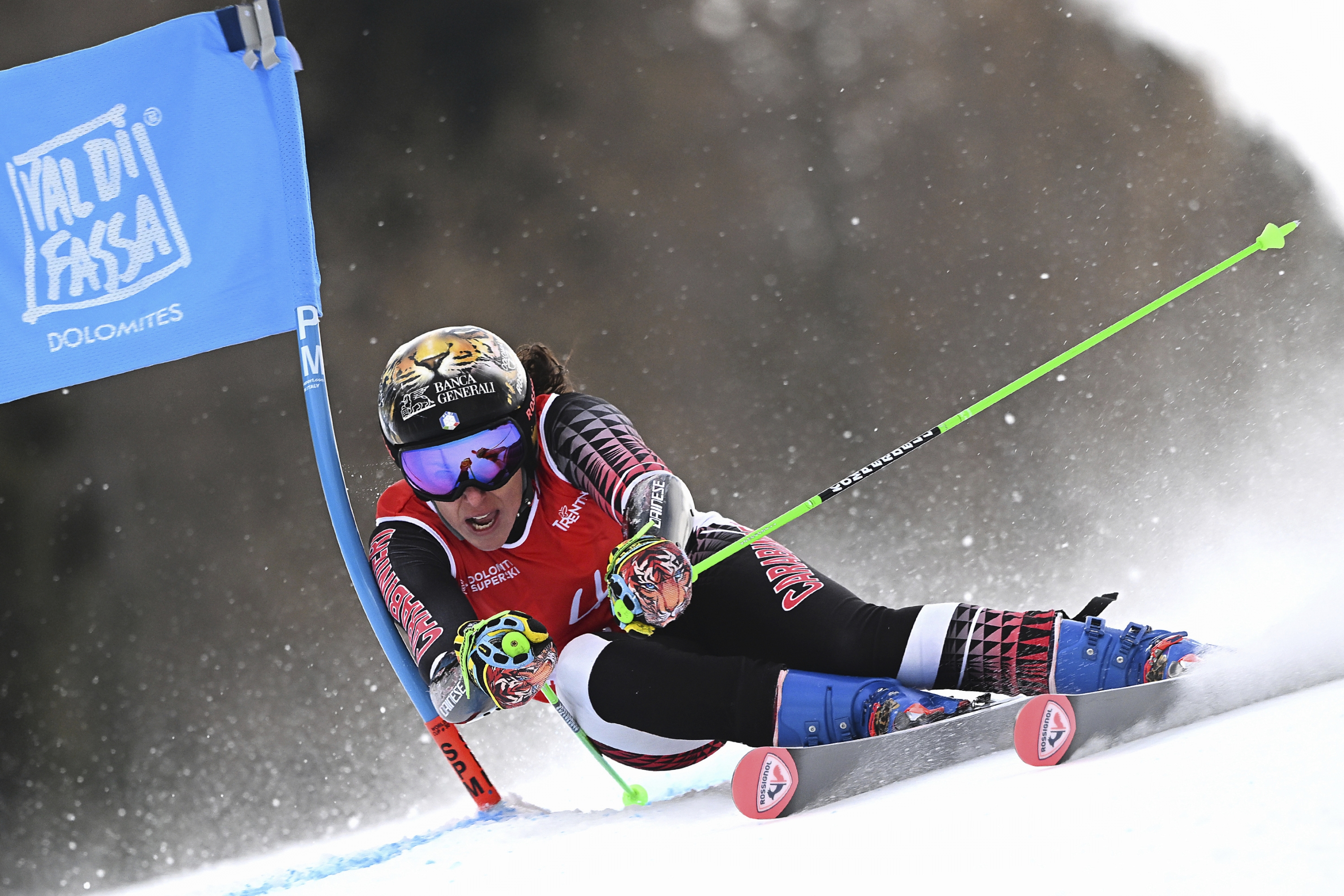 Italy's Federica Brignone speeds down the course during a giant slalom at the Italian championships in the Lusia ski area, in Val di Fassa, Italy, Thursday, April 3, 2025. (AP Photo/Elvis Piazzi)
