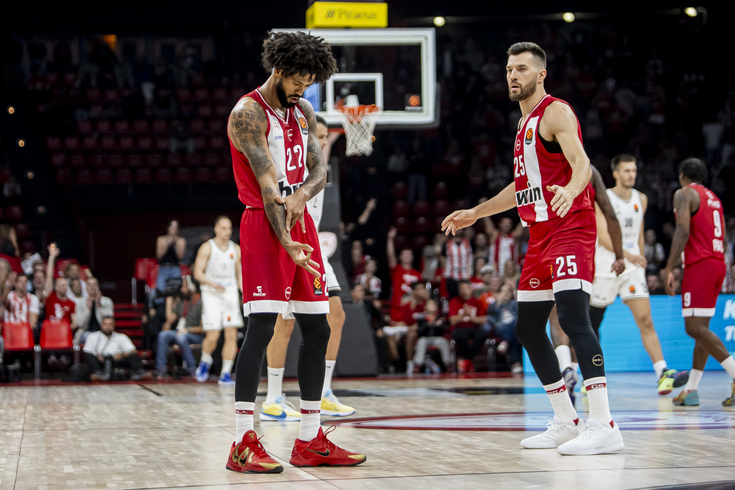  Tyler Dorsey, #22 of Olympiacos Piraeus react during the EuroLeague Regular Season Round 3 match between Olympiacos Piraeus and Dubai Basketball at Peace and Friendship Stadium on October 10, 2025 in Athens, Greece. (Photo by Panagiotis Moschandreou/Euroleague Basketball via Getty Images)