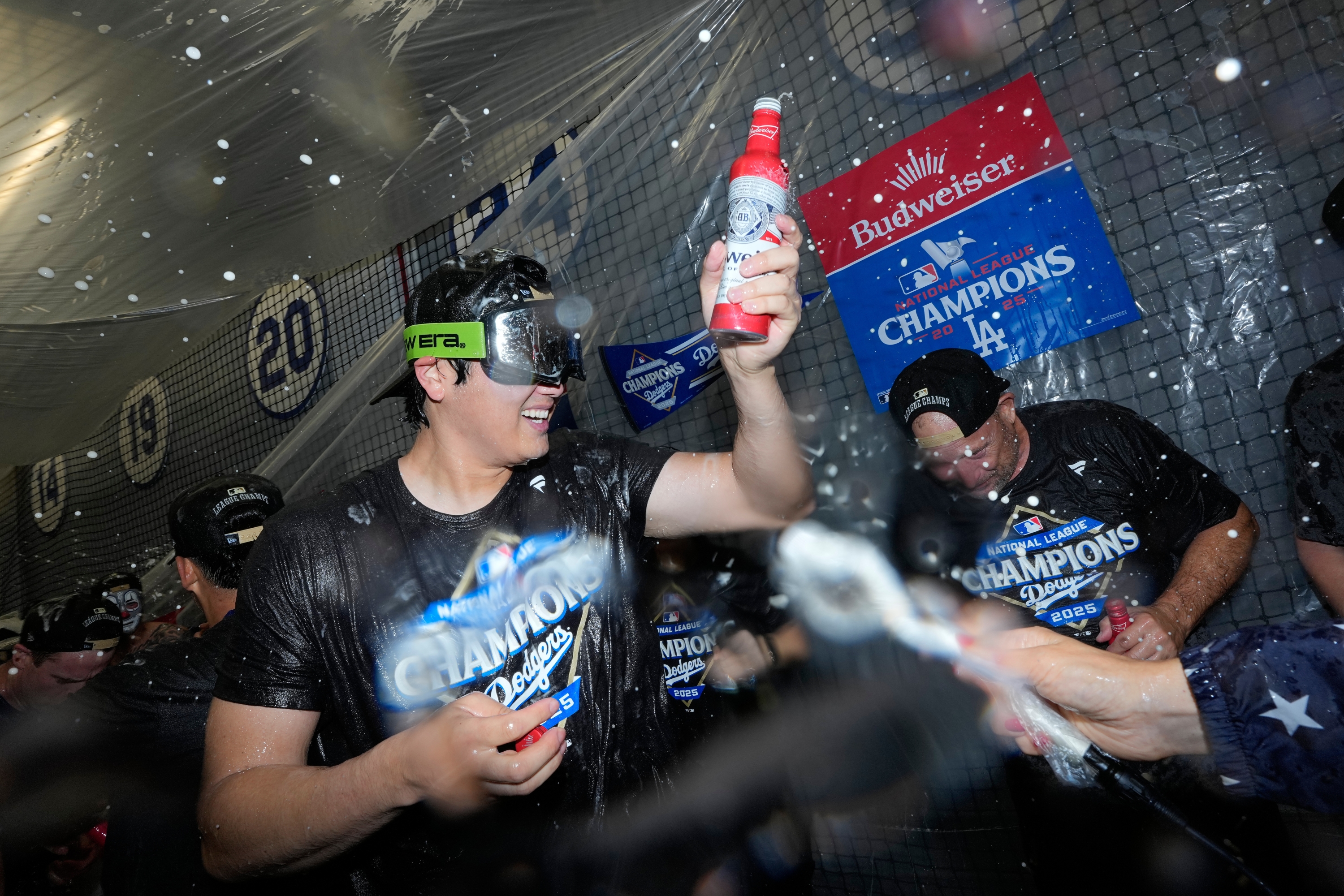 Los Angeles Dodgers pitcher Shohei Ohtani celebrates their win against the Milwaukee Brewers in baseball's National League Championship Series, Friday, Oct. 17, 2025, in Los Angeles.(AP Photo/Ashley Landis)