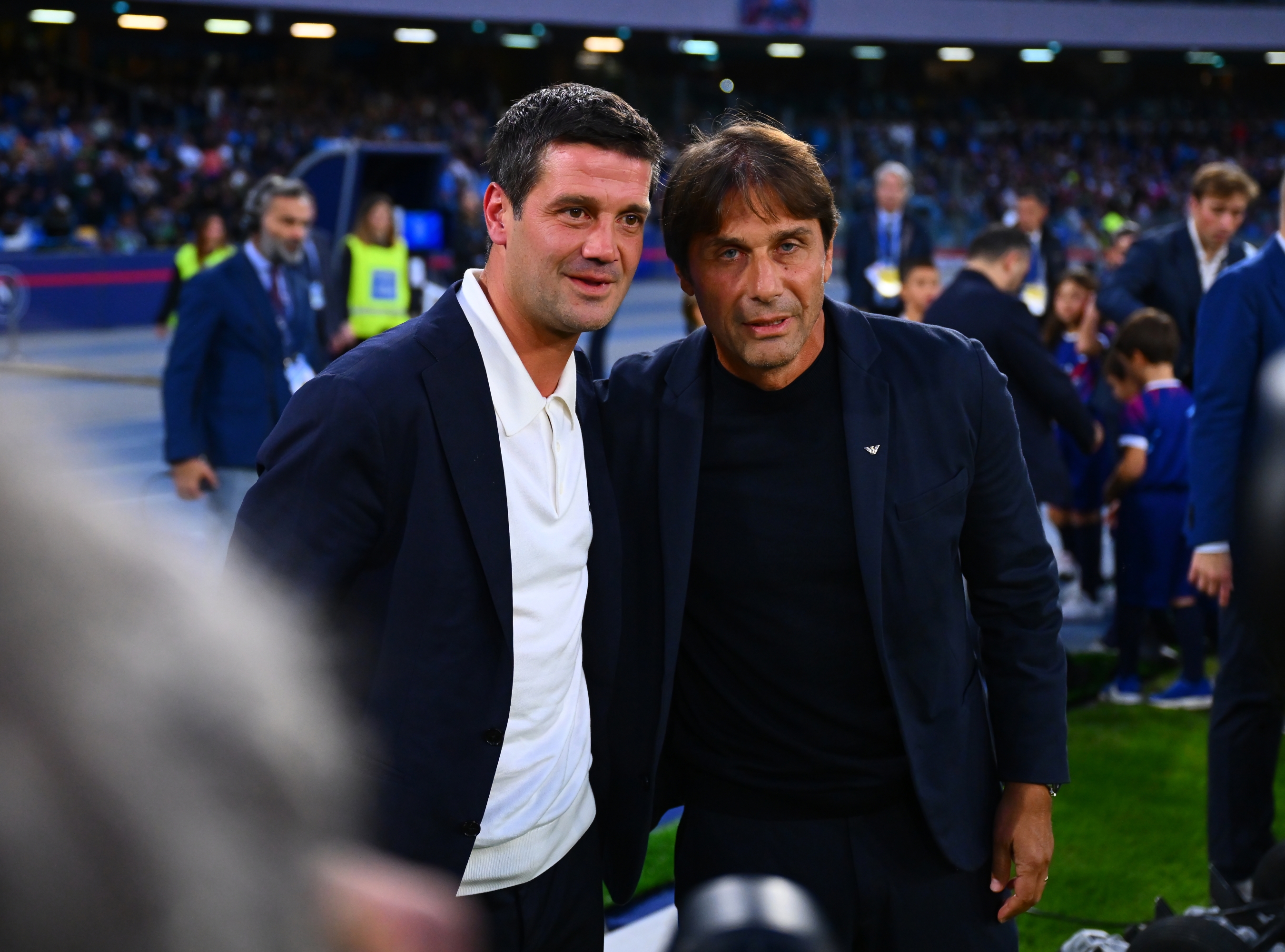 Head coach of FC Internazionale Cristian Chivu shakes hands with head coach of SSC Napoli Antonio Conte before the Serie A match between SSC Napoli and FC Internazionale at Stadio Diego Armando Maradona on October 25, 2025 in Naples, Italy. (Photo by Mattia Pistoia - Inter/Inter via Getty Images)