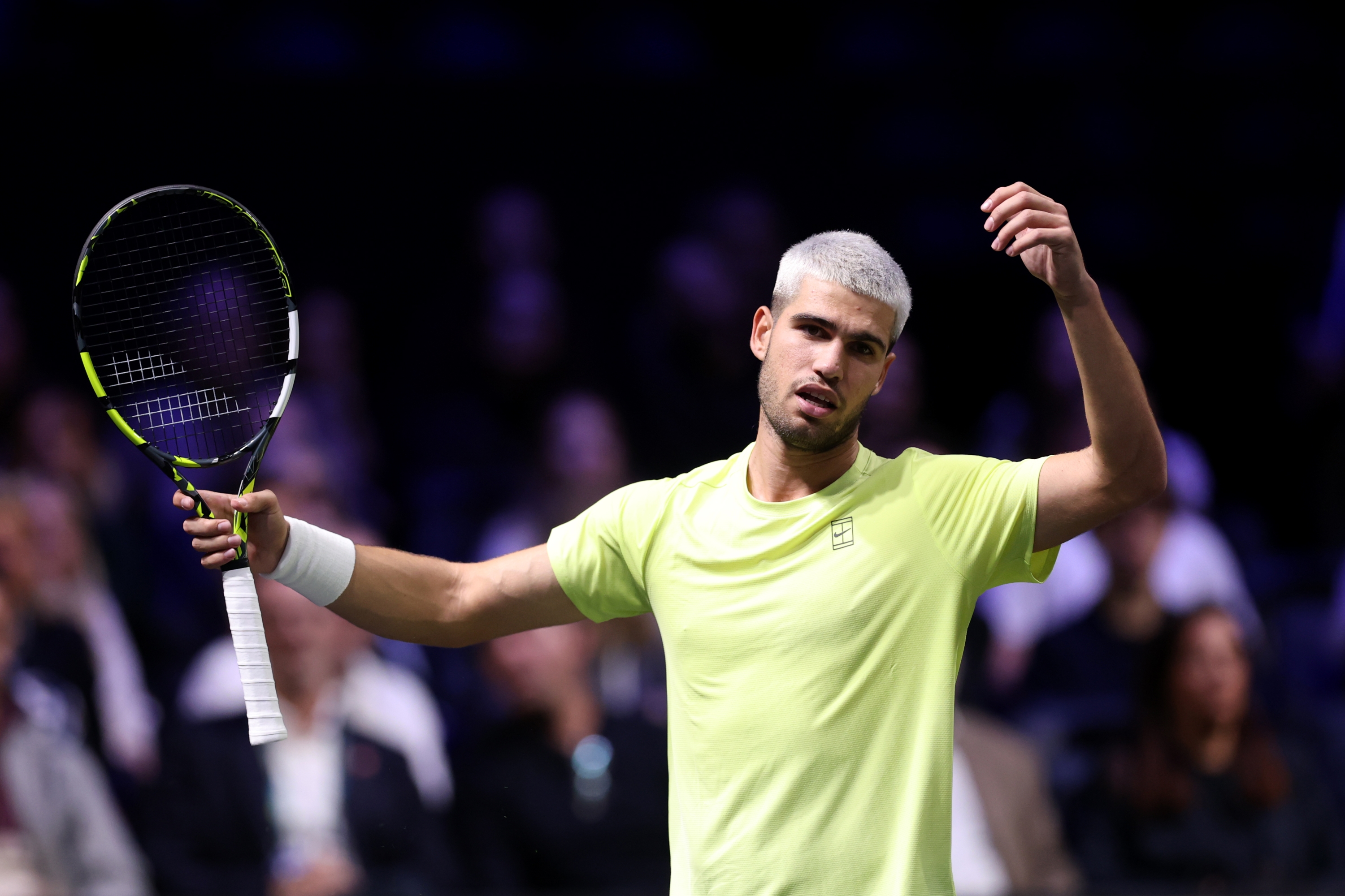 Carlos Alcaraz of Spain reacts during the second round match against Cameron Norrie of Great Britain on day two of the Rolex Paris Masters 2025 on October 28, 2025 in Nanterre, France. (Photo by Julian Finney/Getty Images)