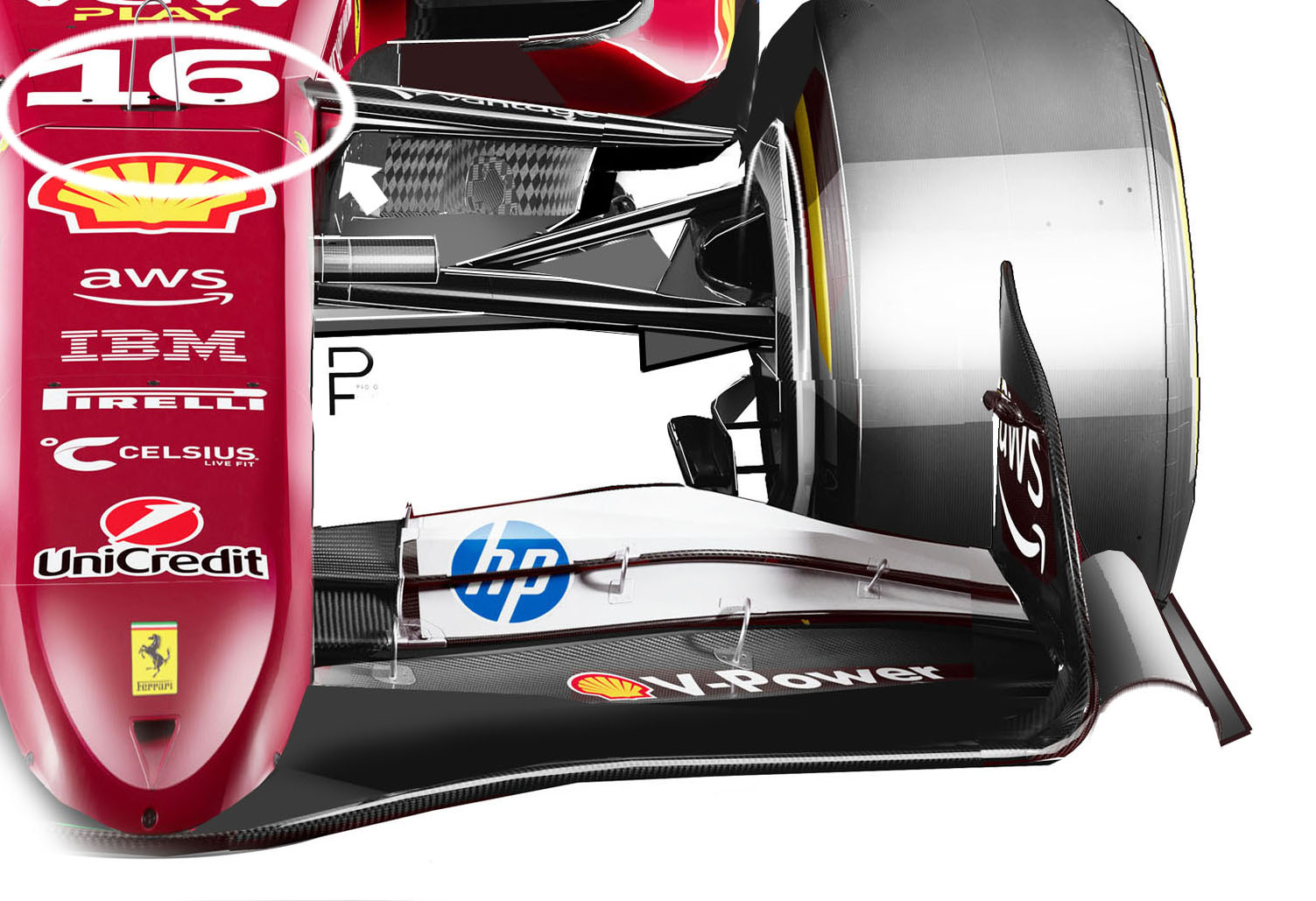 Nell’illustrazione è indicato l’alloggiamento degli elementi interni della sospensione anteriore sulla SF-25. Lo schema anche grazie agli ultimi riscontri, resterà praticamente invariato, tranne alcuni dettagli