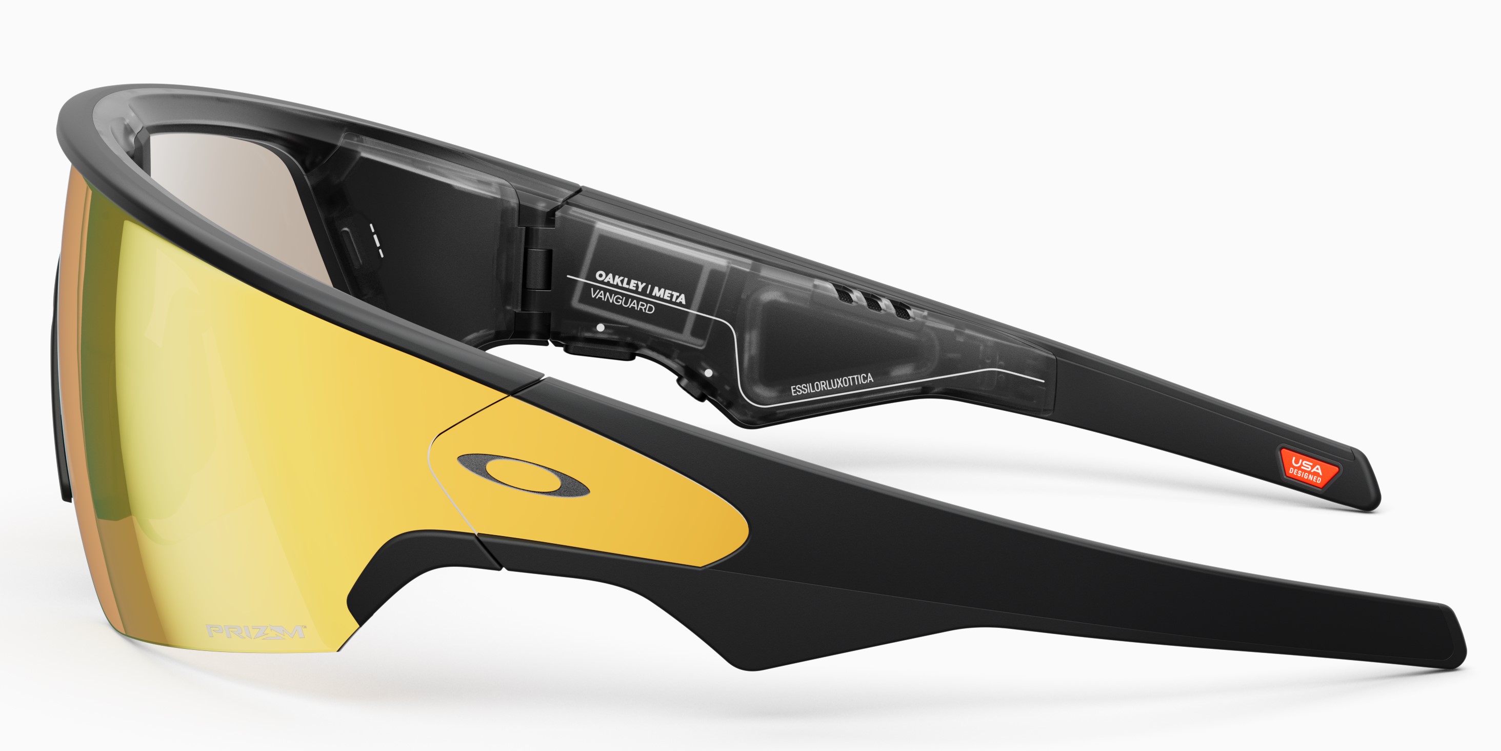 I nuovi Oakley Meta di profilo, si distinguono i due tasti per i comandi rapidi