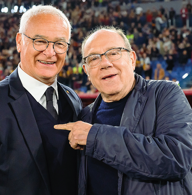  AS Roma coach Claudio Ranieri with the Italian actor Carlo Verdone after the Serie A match between AS Roma and AC Milan at Stadio Olimpico on May 18, 2025 in Rome, Italy. (Photo by Fabio Rossi/AS Roma via Getty Images)