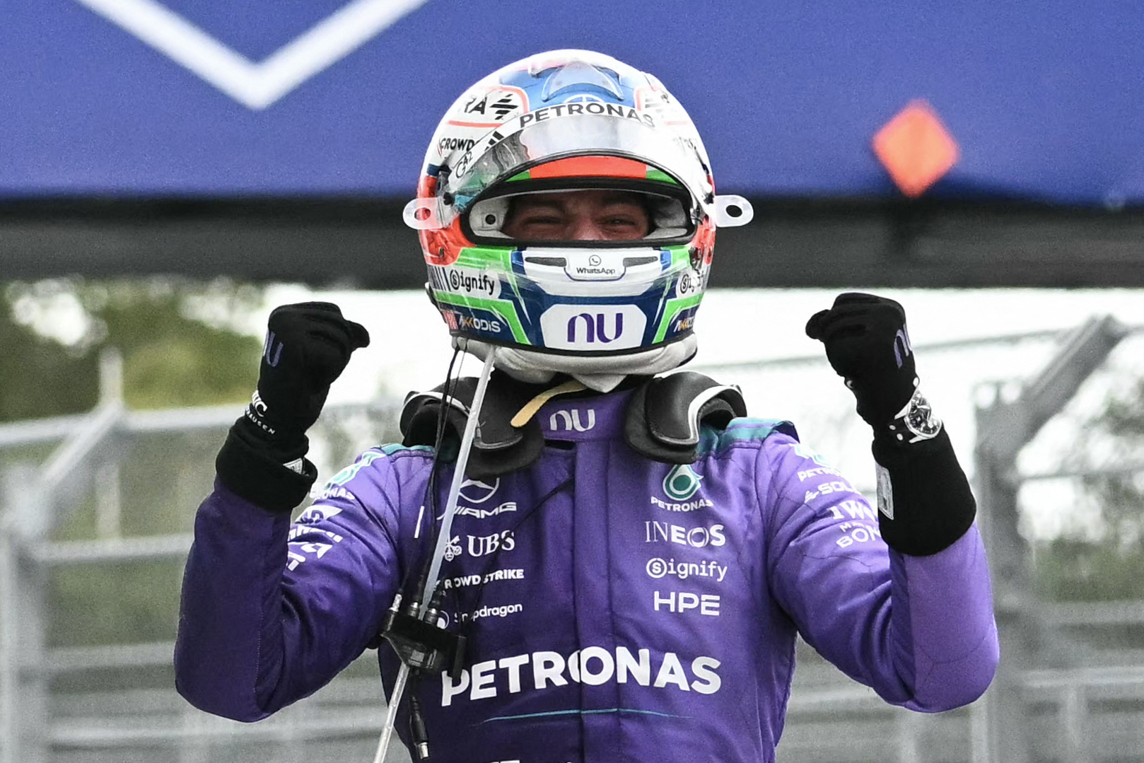 TOPSHOT - Mercedes' Italian driver Kimi Antonelli celebrates after winning the 2026 Miami Formula One Grand Prix at Miami International Autodrome in Miami Gardens, Florida, on May 3, 2026. (Photo by CHANDAN KHANNA / AFP)