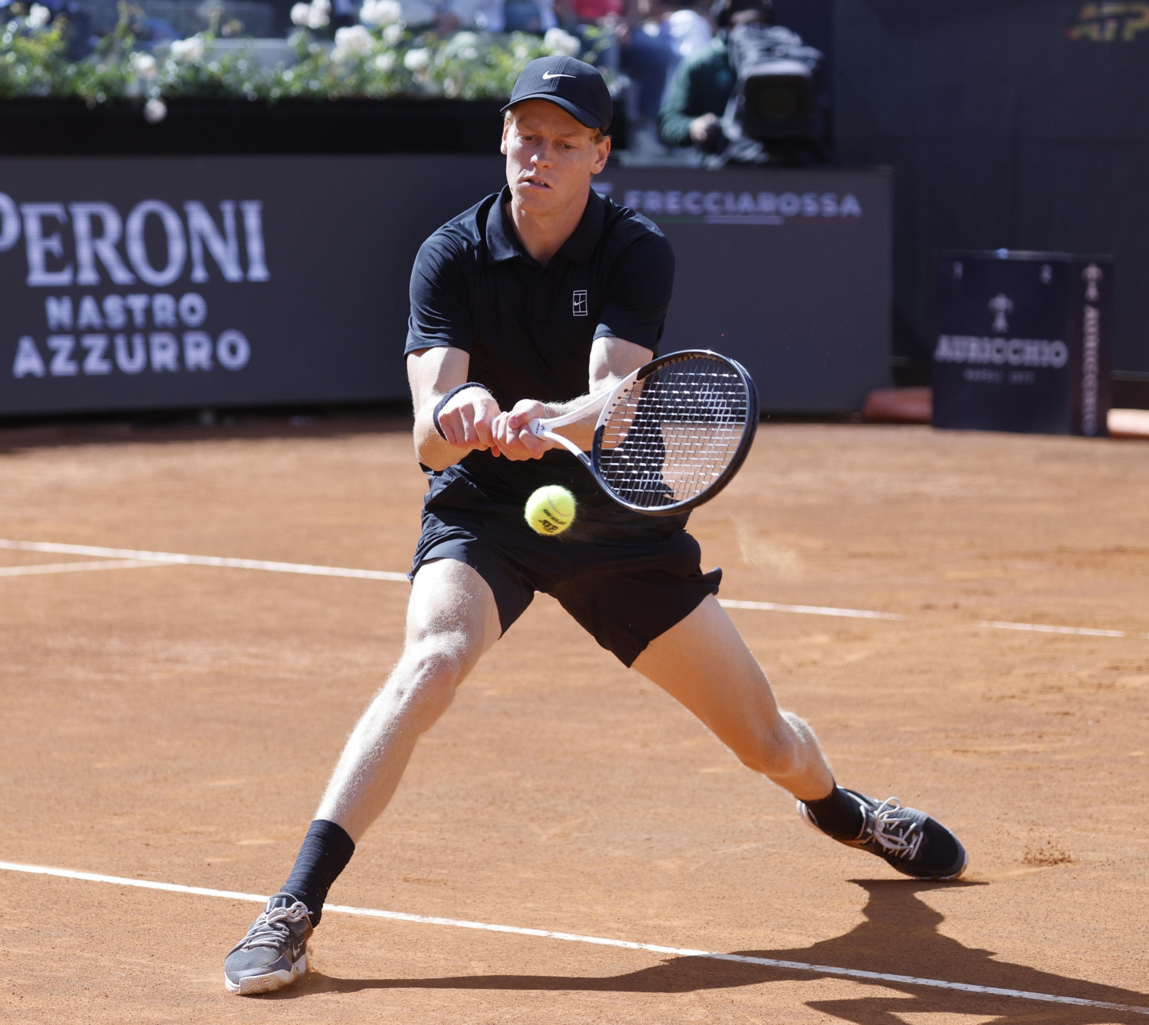 Jannik Sinner of Italy during his men's singles semi final match against Daniil Medvedev of Russia (not pictured) at the Italian Open tennis tournament in Rome, Italy, 16 May 2026.  ANSA/FABIO FRUSTACI