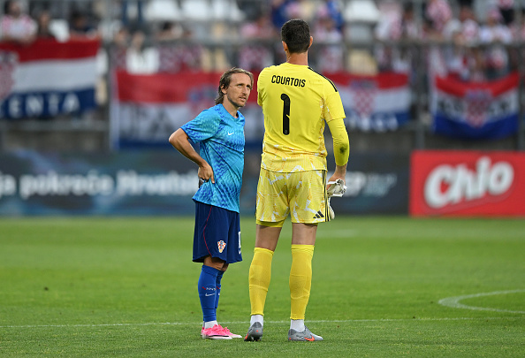  Luka Modric of Croatia interacts with Thibaut Courtois of Belgium following the international friendly match between Croatia and Belgium at Stadion HNK Rijeka on June 02, 2026 in Rijeka, Croatia. (Photo by Jurij Kodrun/Getty Images)